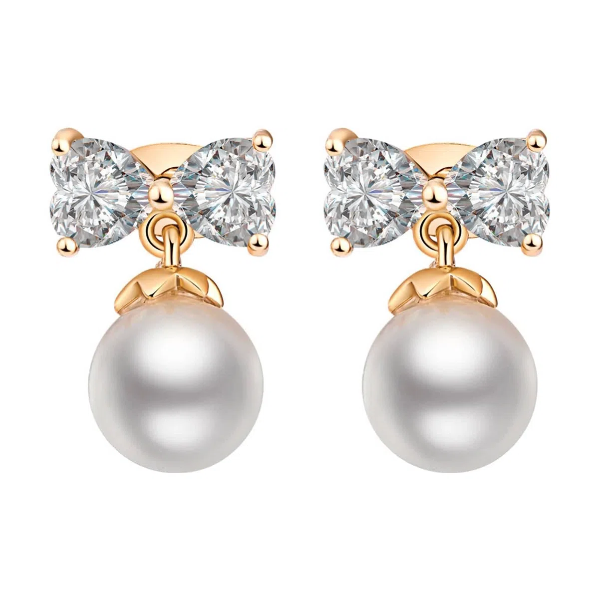 Pendientes para Mujer Oro Amarillo 9 K / 14 K / 18 Kt, Lazo y Perla con Moissanita, Pendientes de Mujer Colgante Oro