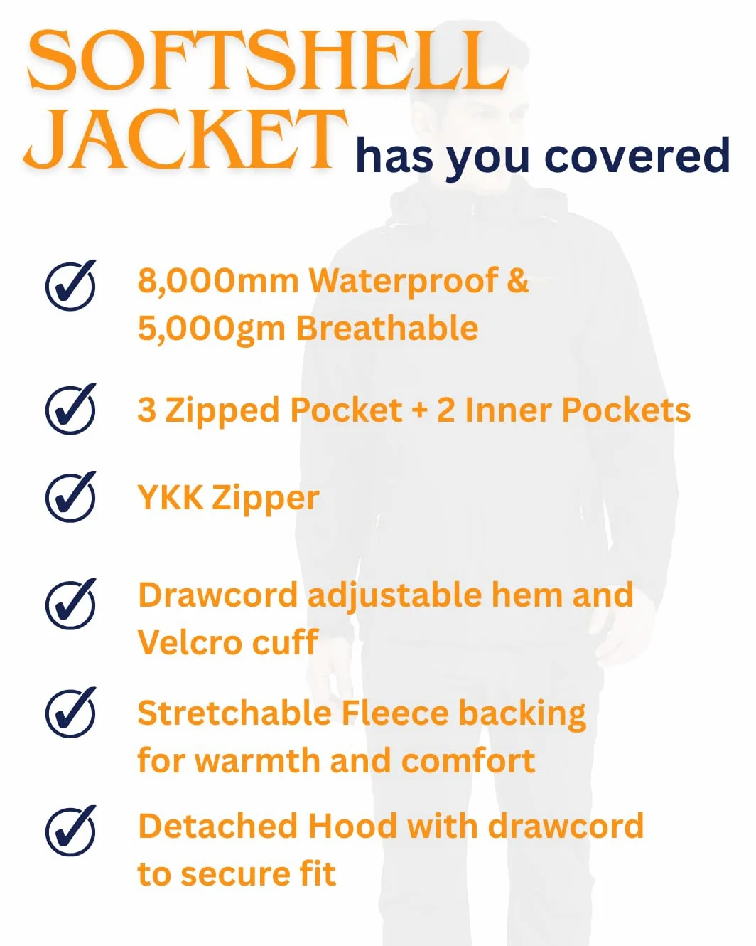 Acme Projects Chaqueta Softshell Forrada de vellón para Hombres con Capucha Desmontable, Impermeable, Transpirable, 8000 mm / 5000 g, Cremallera YKK