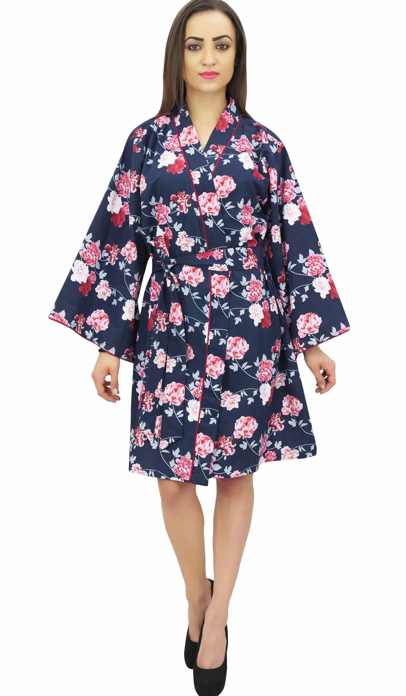 Bimba Mujeres Estampado De Flores De Algodon Popelin Kimono Coverup túnica con Belt - 36