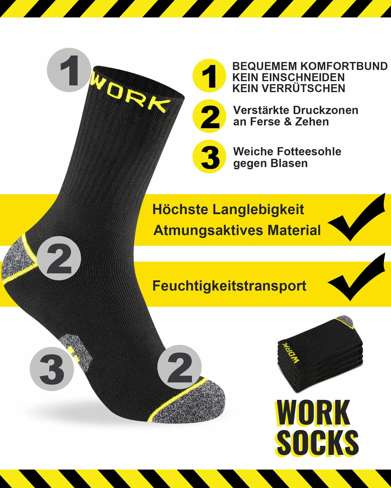 10 Pares Calcetines de Trabajo Hombre, Ideales para Botas, WORK Socks Acolchados y Reforzados, Calcetines Funcionales y Transpirables con puño Cómodo