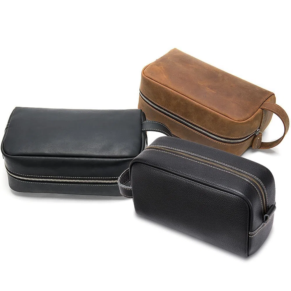 Neceser de viaje de cuero vacuno para hombre, kit de afeitado resistente al agua y organizador de cosméticos, bolsa de aseo unisex, Marrón1
