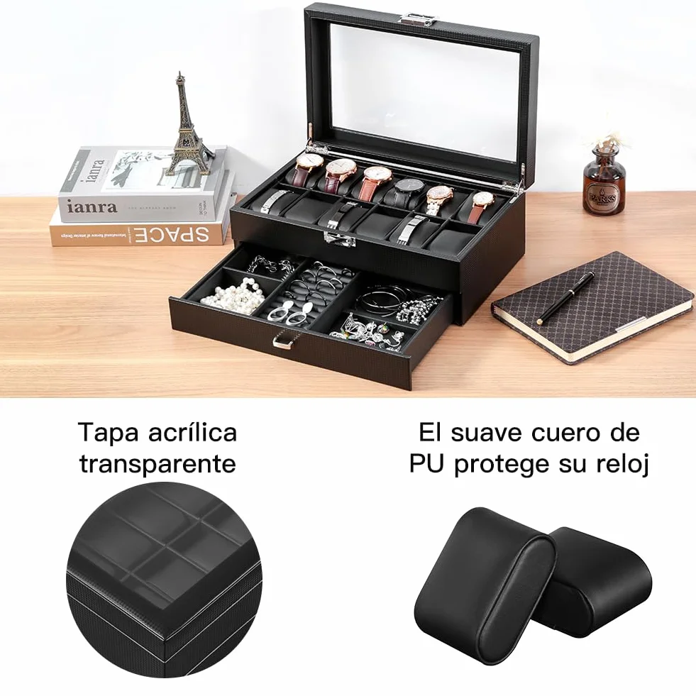 Caja para relojes con 2 niveles, caja de almacenamiento para relojes con tapa de cristal, caja de joyas, 12 compartimentos y 1 cajón para relojes, anillos, pulseras, Fibra de carbono--w60b