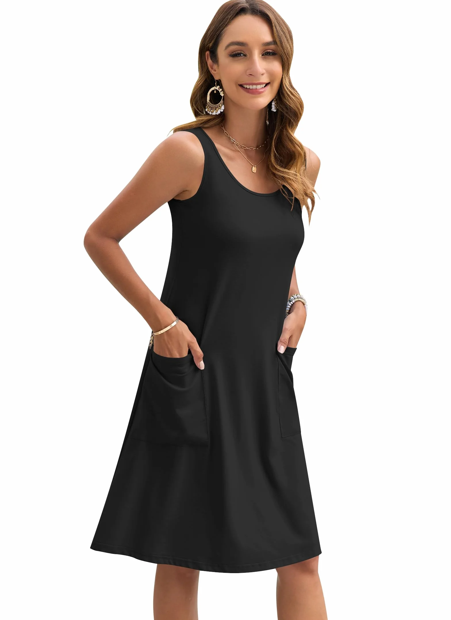 AUSELILY Vestido sin Mangas de Verano para Mujer Ligero Informal de Playa Largo hasta la Rodilla con Bolsillos