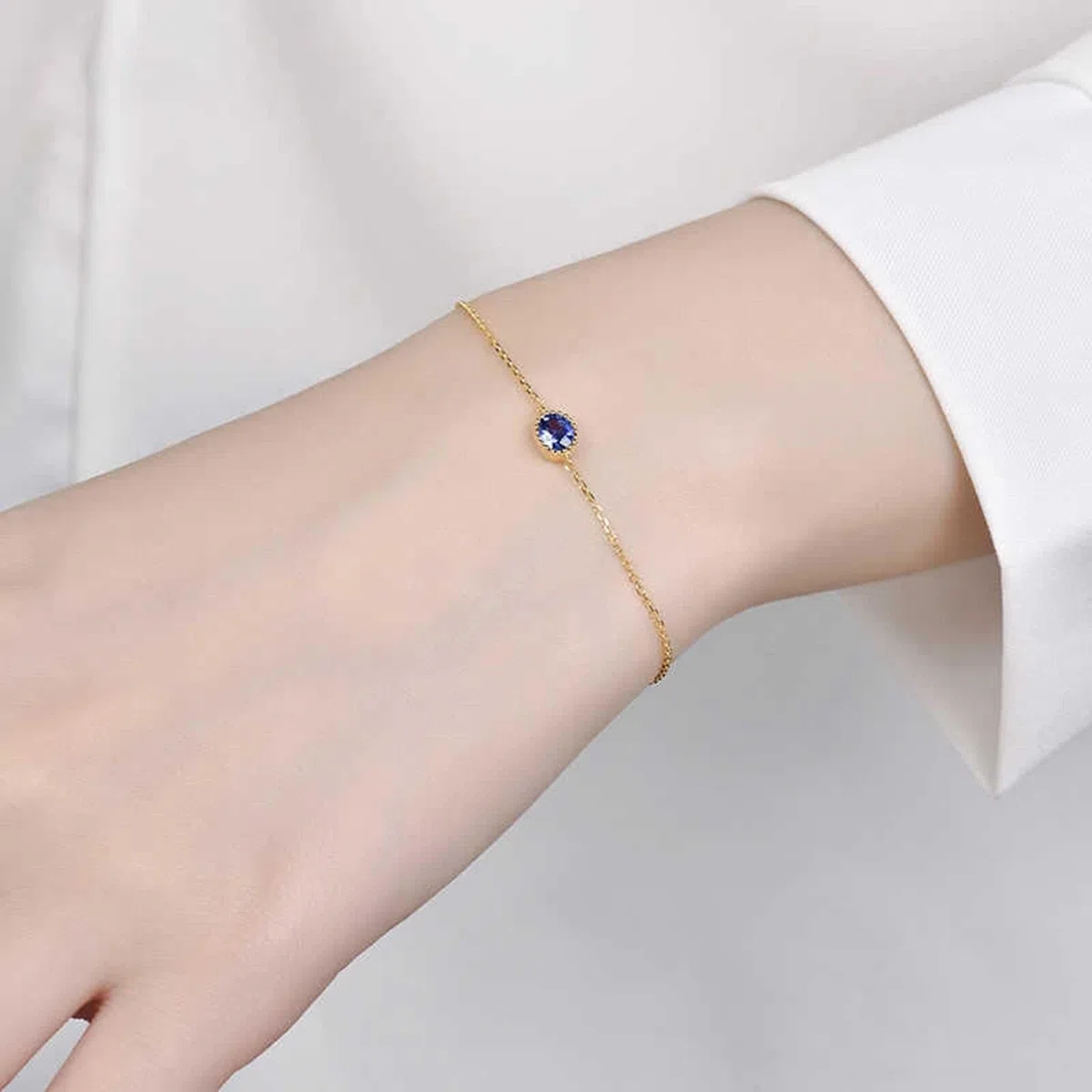 Pulsera de eslabones de cadena para mujer, pulsera vintage de zafiro azul de 0,4 quilates, cadena ovalada de oro amarillo