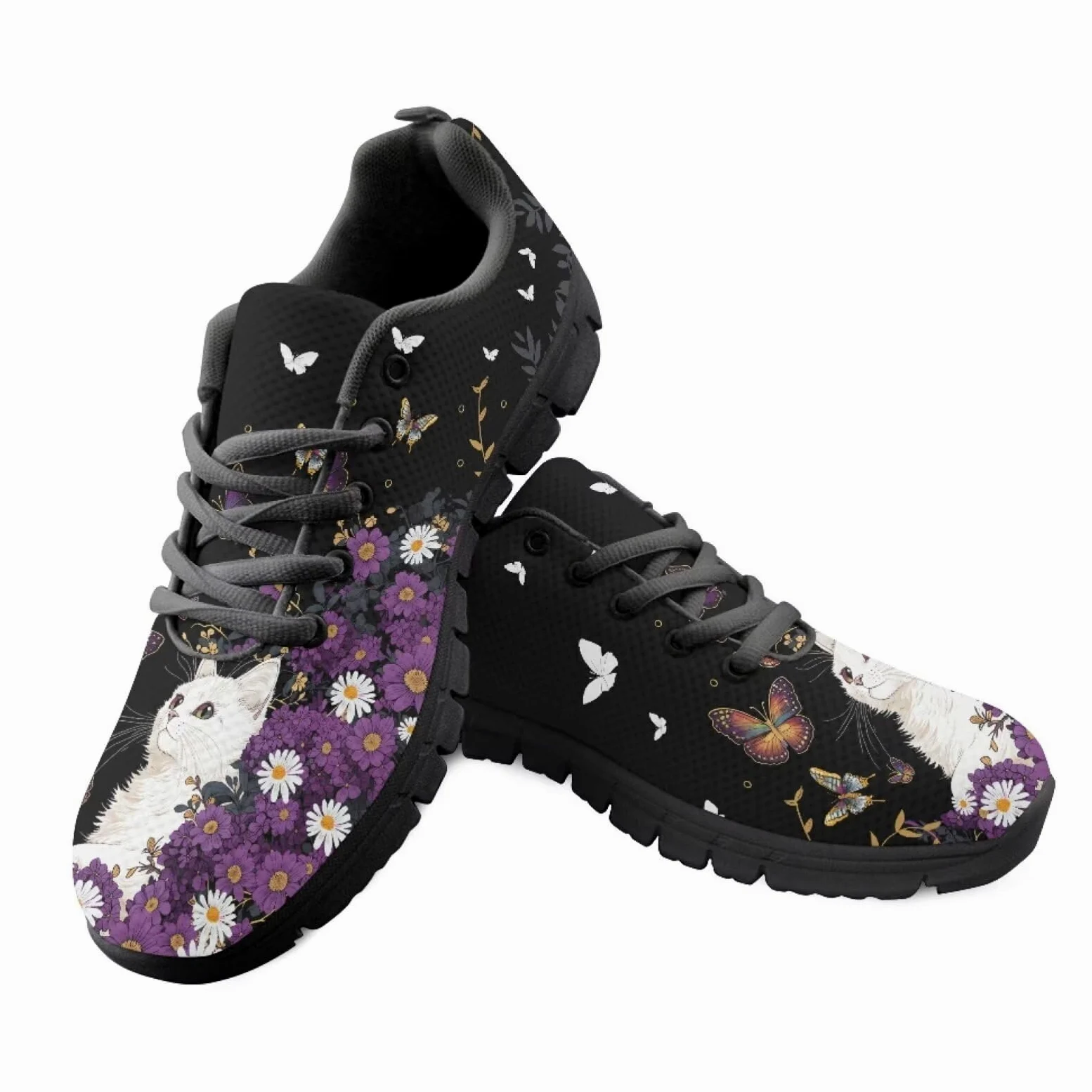 Coloranimal Zapatillas deportivas para gimnasio, deportes y senderos, cómodos y fáciles de caminar, con cordones, Gato blanco y margarita morada, 40 EU