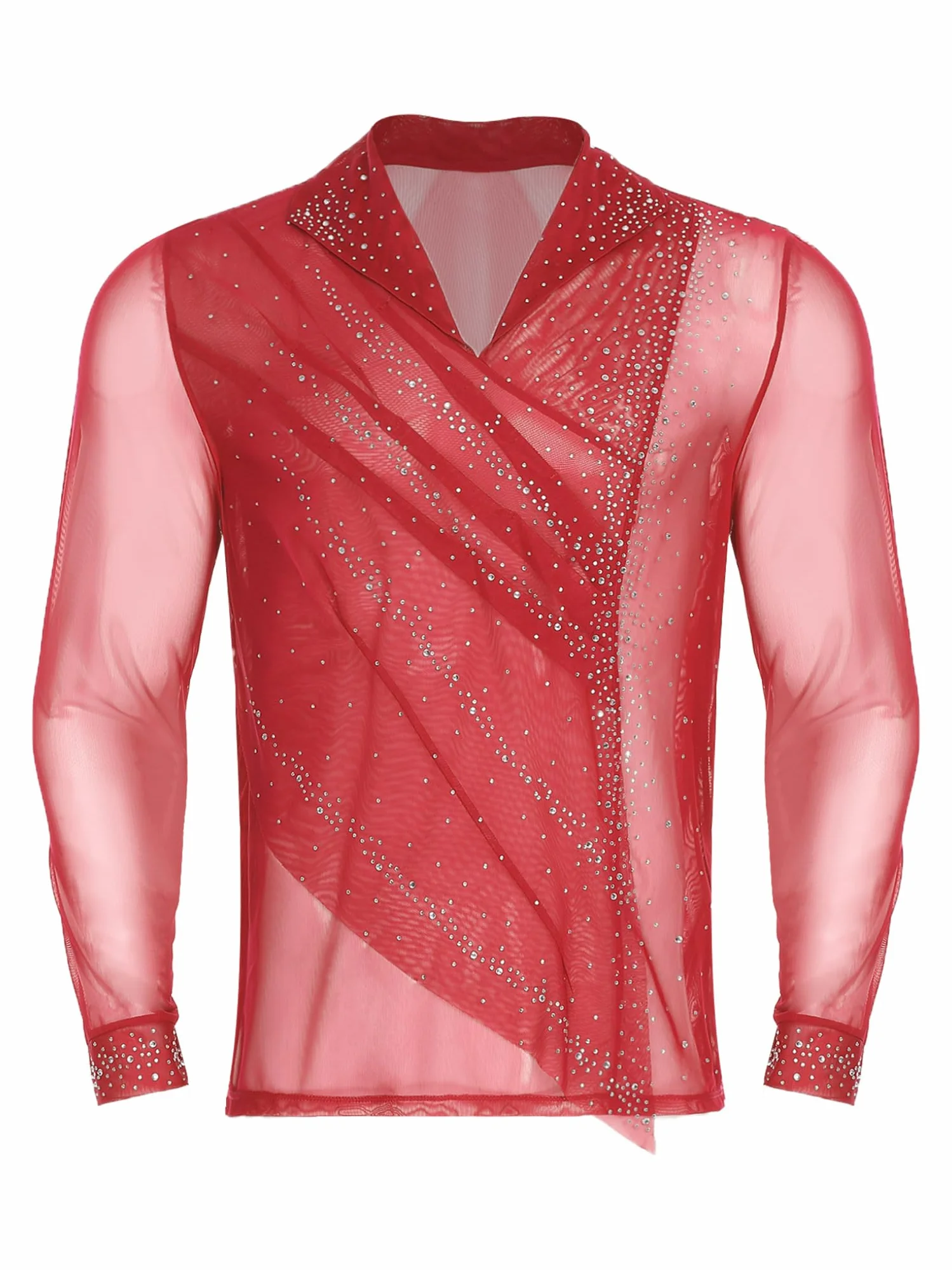 Camisa Baile de Salón para Hombre Leotardo Baile Latino Patinaje Artístico Competición Rojo S-XXL