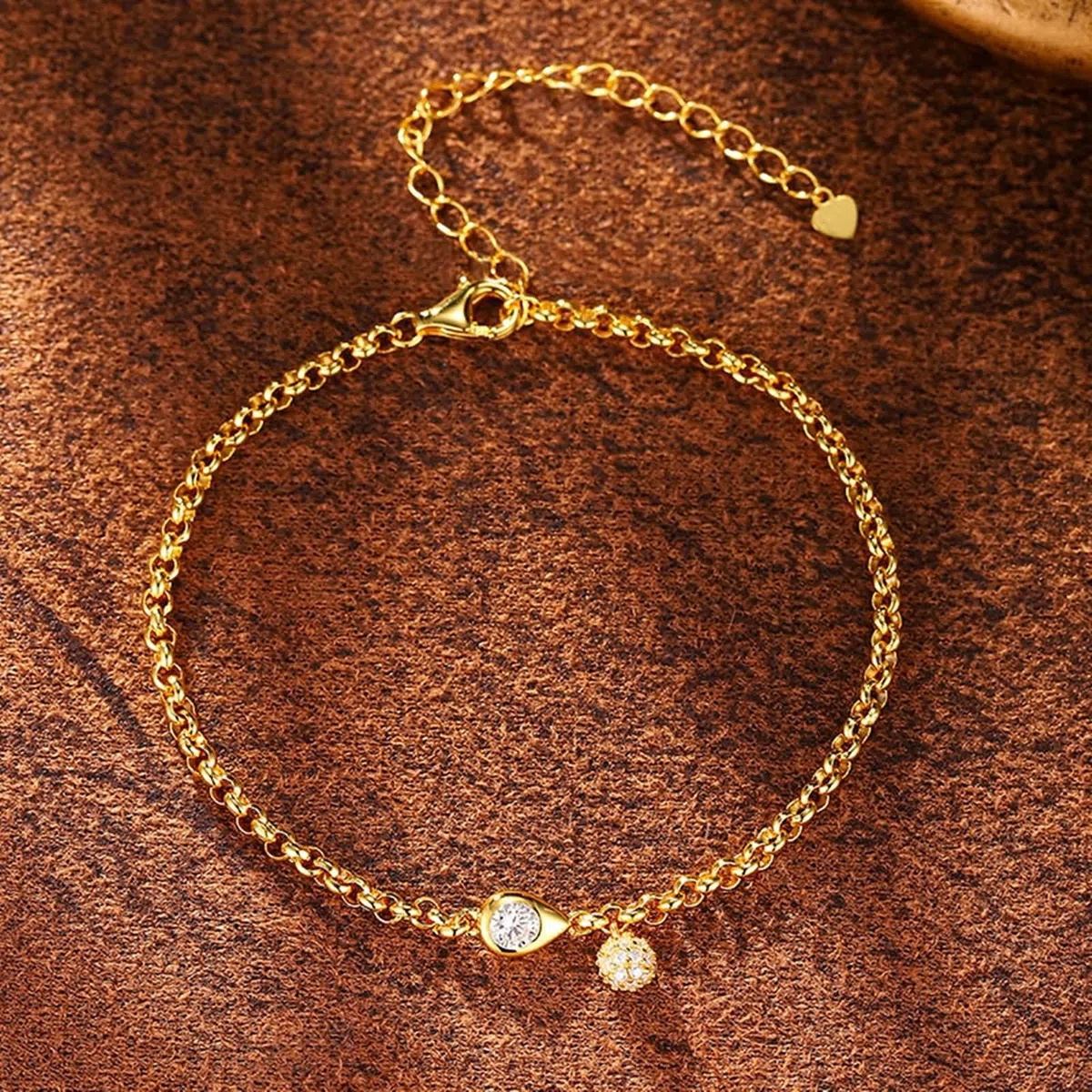 Pulsera de Oro Mujer 9 K / 14 K / 18 K, Gota de Agua y Redondo con Diamante Creado de 0,2 ct, Cadena Extensible 16 CM + 5 CM, Pulsera para Mujer de Oro