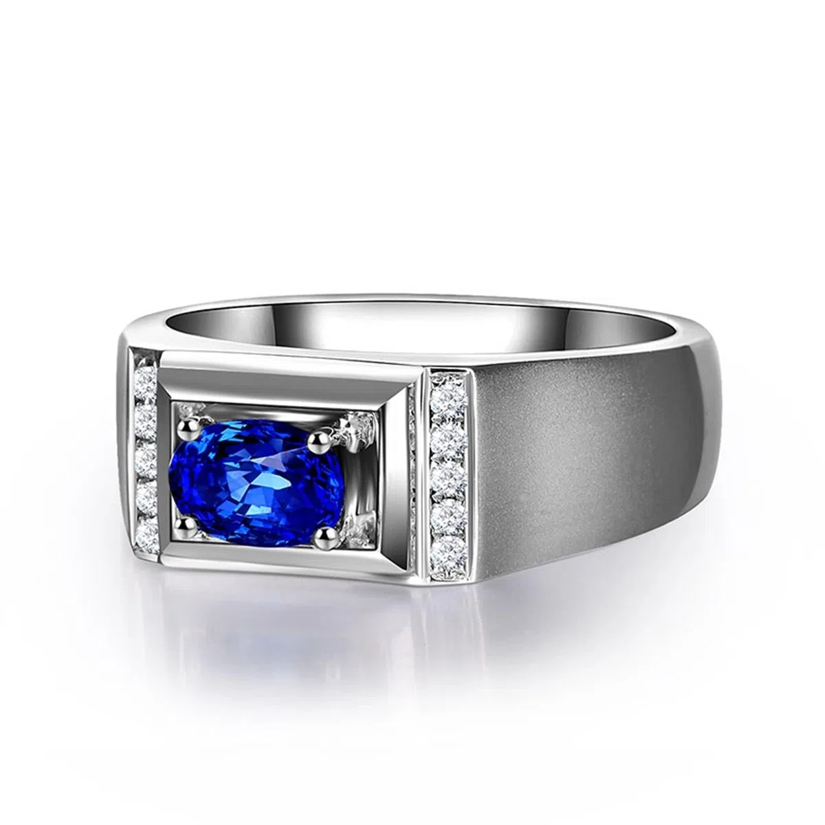 Sortija Piedras Azul, Alianzas Boda Oro Blanco 18K Forma Oval 0.1Ct Diamante Blanco Talla 25 para Esposo con Joyero