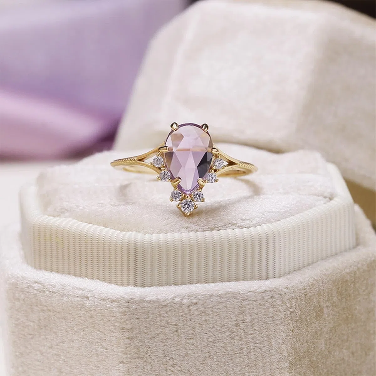Alianzas de oro de 9 K/14 K/18 K con gota de amatista morada, anillos de pareja