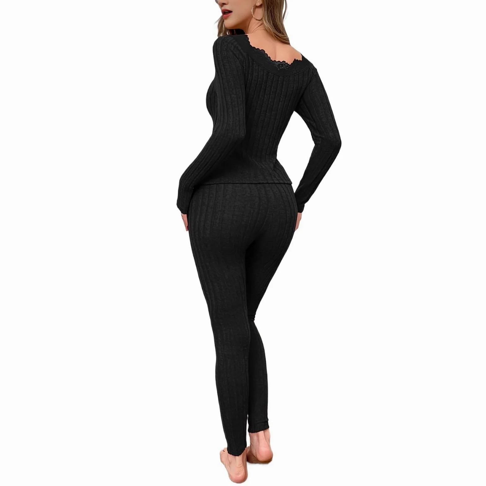 KIRYU Conjunto de ropa interior térmica para mujer, cuello en V, manga larga y leggings, capa base suave, pijama cálido de invierno y ropa de descanso
