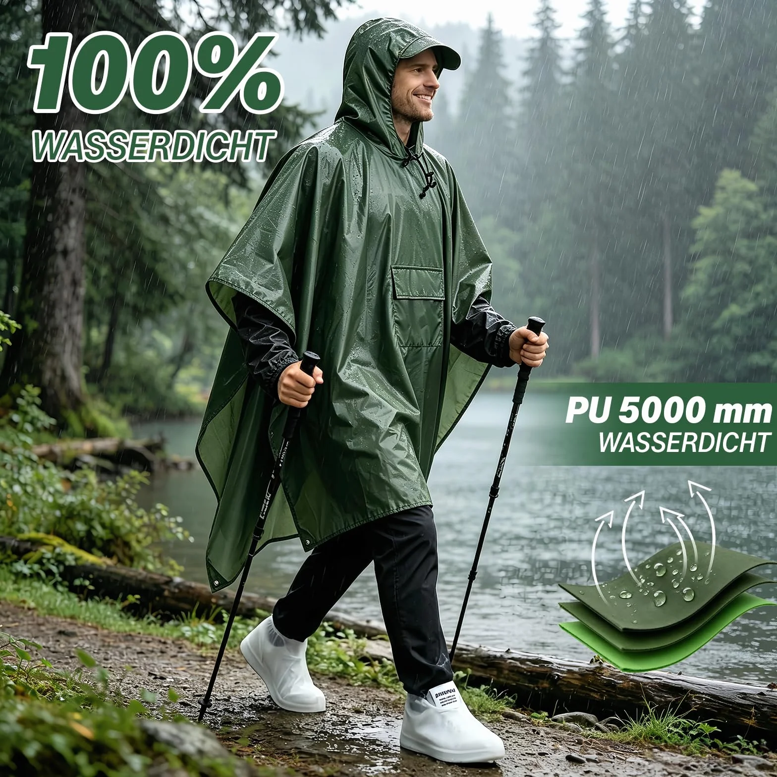 Esoes Poncho impermeable ligero hombre y mujer, chaqueta impermeable multiusos para actividades al aire libre con capucha, bolsa plegable y cubrezapatos