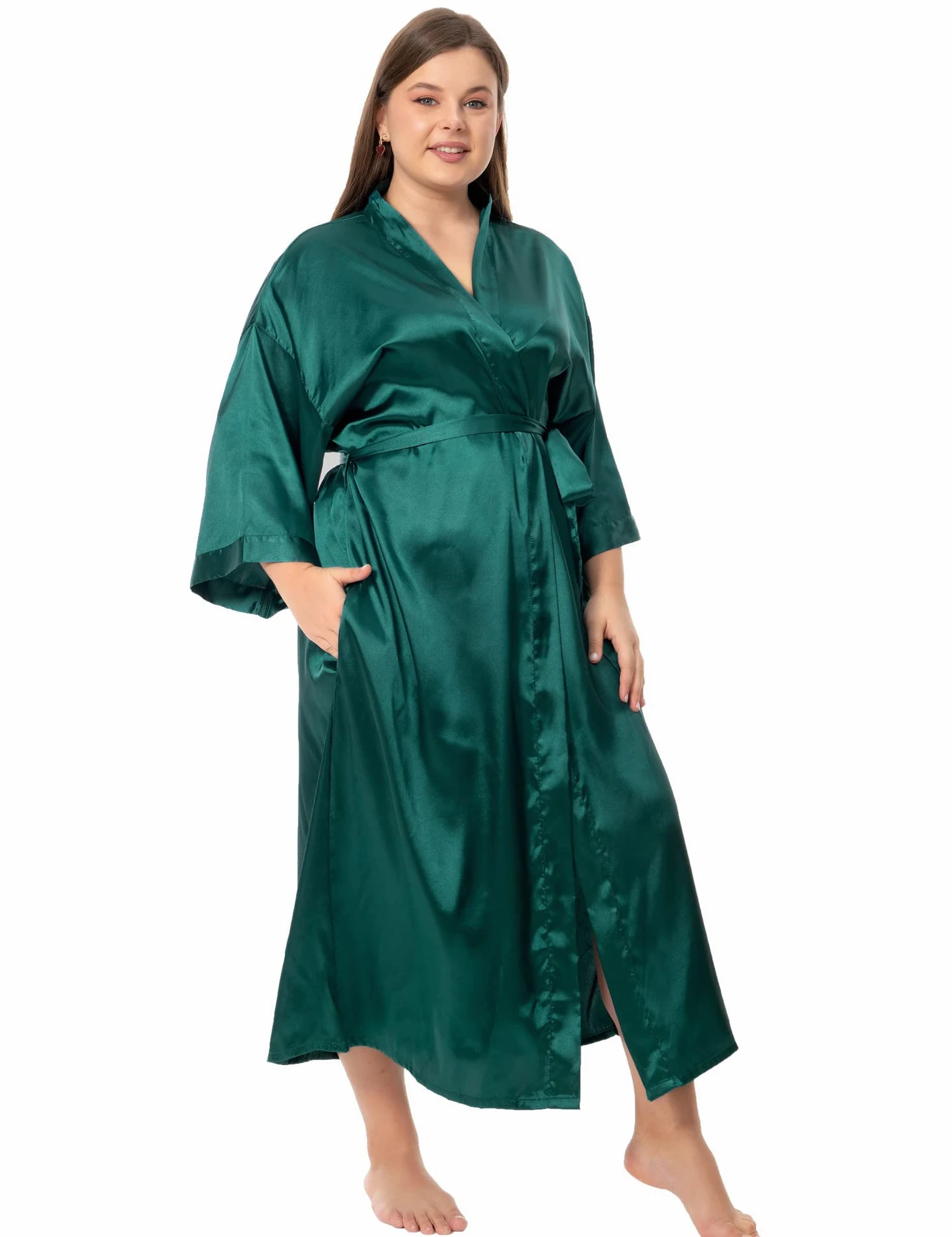 Bata larga de satén floral para mujer, talla grande, de seda, kimonos florales de pavo real, ropa de dormir.