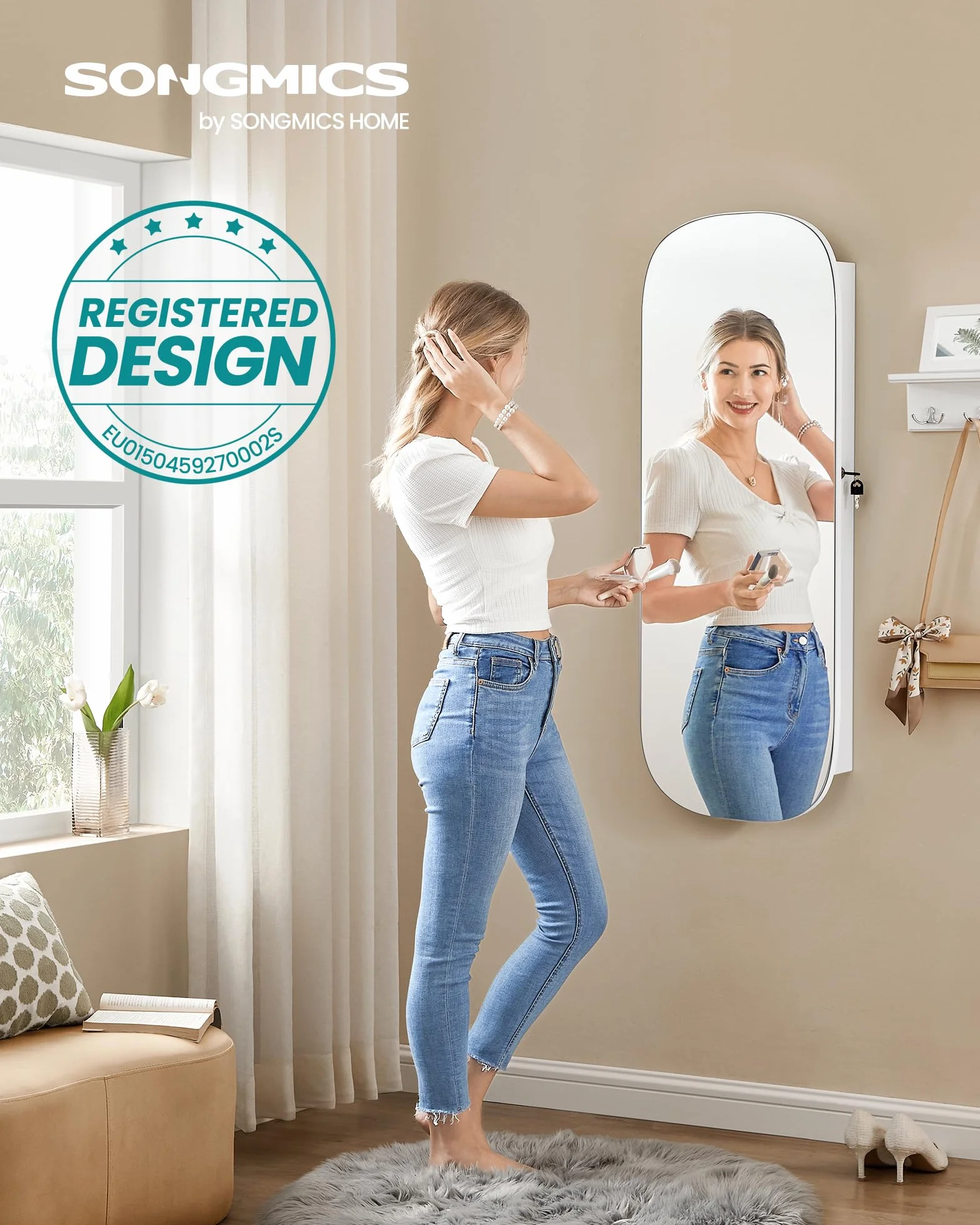 SONGMICS Armario para Joyas, Espejo Joyero de Pared, Organizador con Luz LED y Cerradura, Varios Compartimentos, para Pendiente, Collar, Superficie Blanca y Forro Gris Beige JJC026W01