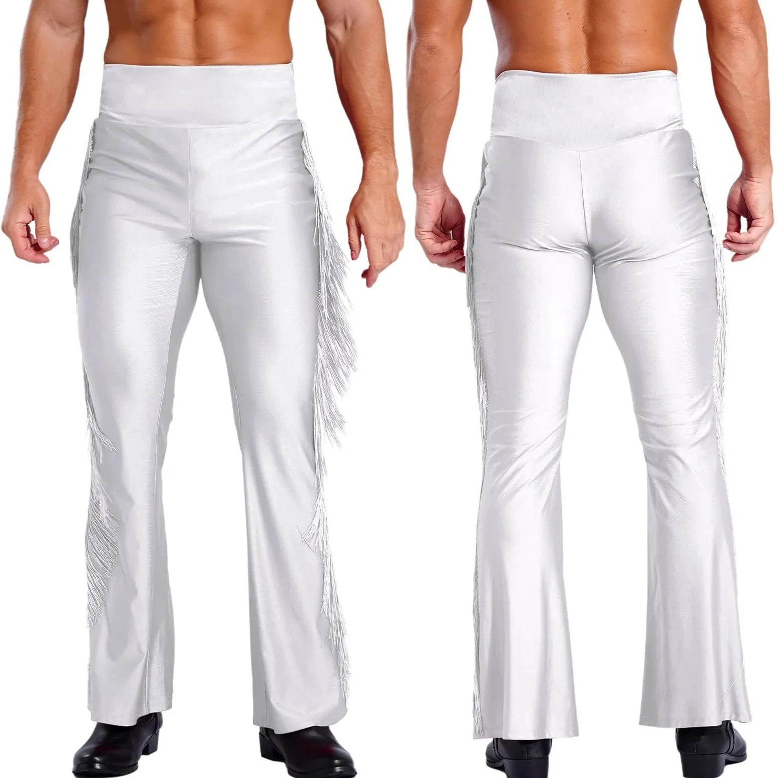 Pantalones de Baile Latino y Jazz con Flecos for Hombre, Estilo Vintage, de Cintura Alta, Acampanados, for Baile de salón Moderno, for actuaciones y Fiestas Disco.