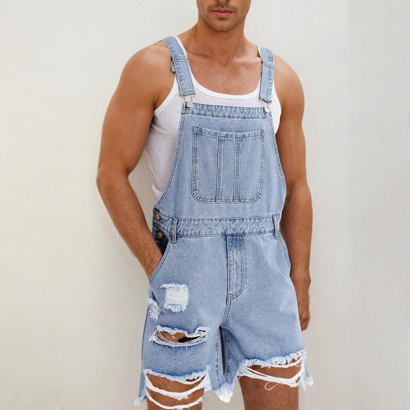 HAOLEI Peto Vaquero Hombre, Mono Vaquero Corto Jumpsuit Bolsillos Casual Mezclilla