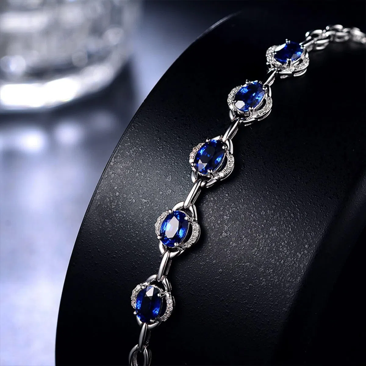 Pulsera de Mujer Oro Blanco 9Kilates / 14Kilates / 18Kilates, Oval con Zafiro y Diamante, Cadena Extensible 16 CM + 5 CM, Pulseras de Plata Azul de Mujer Ajustable