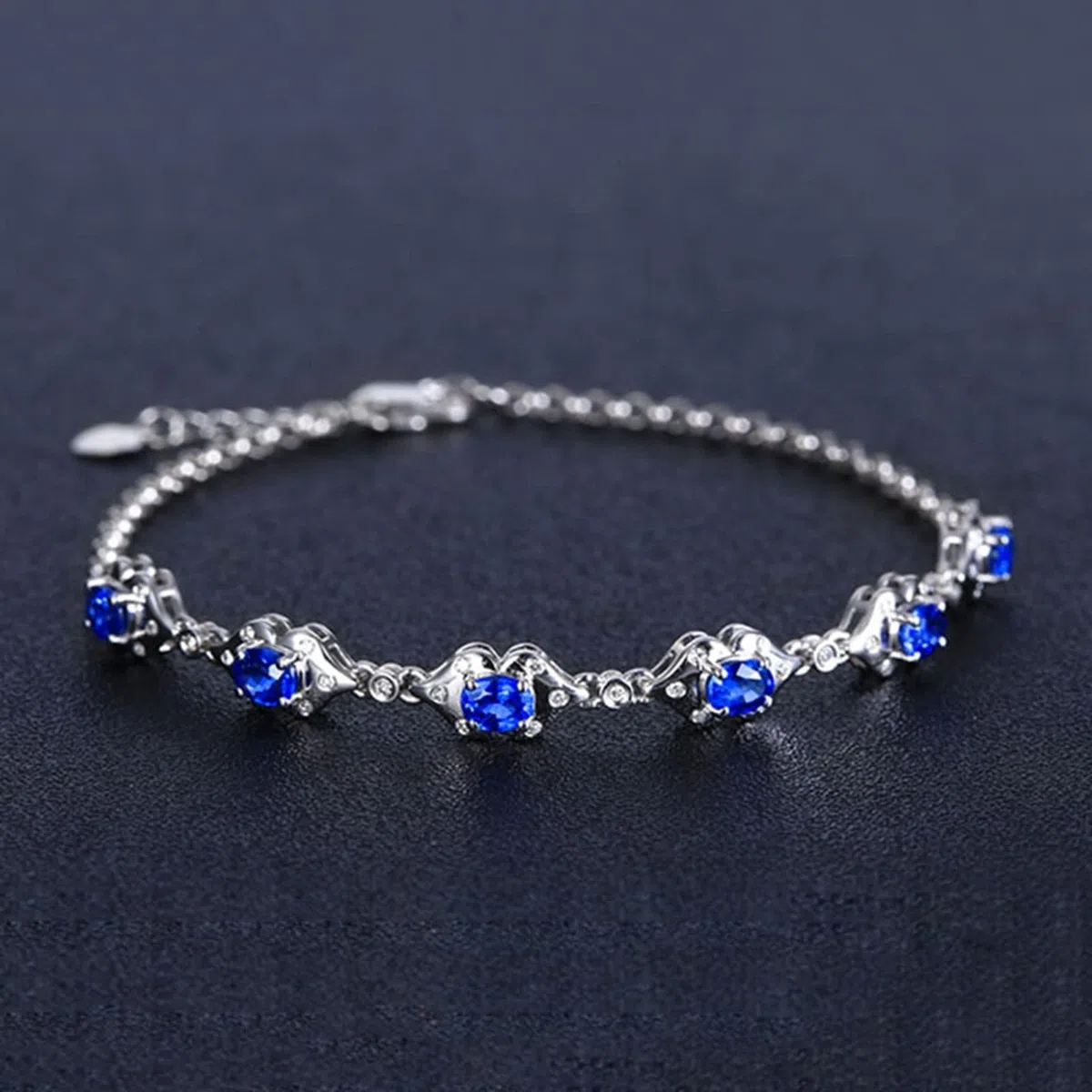 Pulsera Mujer de Oro Blanco 9 Kilates / 14 Kilates / 18 Kilates, Oval con Zafiro Creado de 1,79 ct y Moissanita, Cadena Extensible 16 CM + 5 CM, Pulsera Mujer de Plata Azul