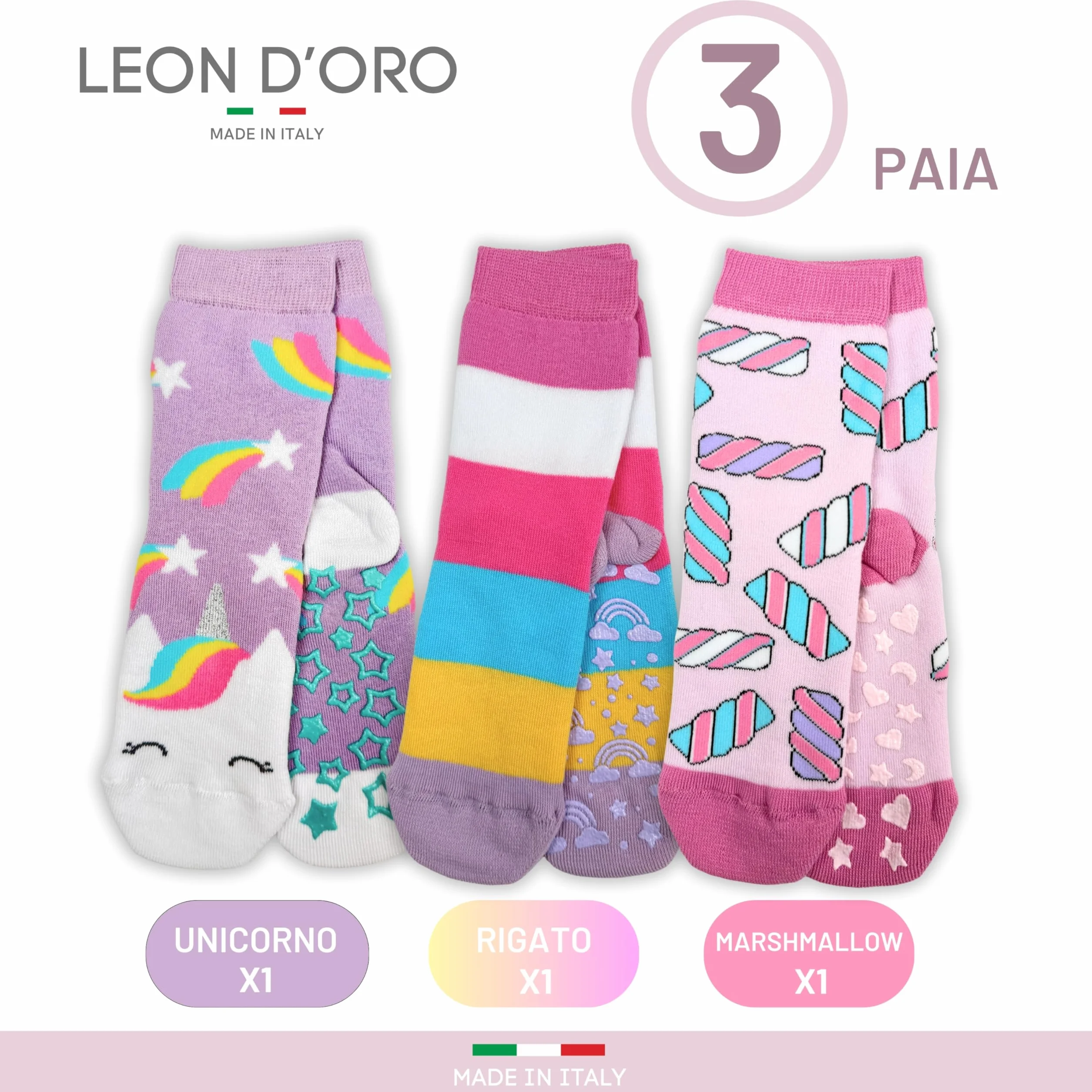 LEON D'ORO Calcetines de niña antideslizantes de algodón para niña, ABS, escuela, casa, hinchables, fabricados en Italia