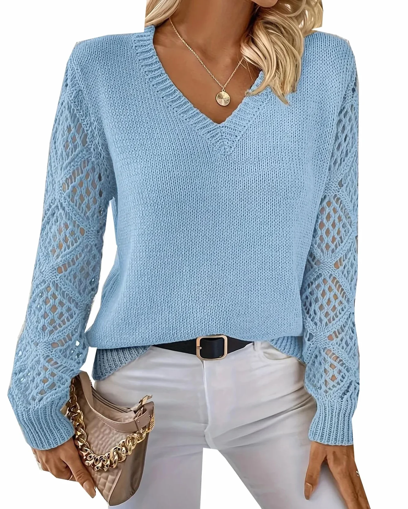 Las Mujeres De Primavera Y Otoño Hueco De Punto Jumper Pullover De Manga Larga Suelta V-Cuello De Color Sólido