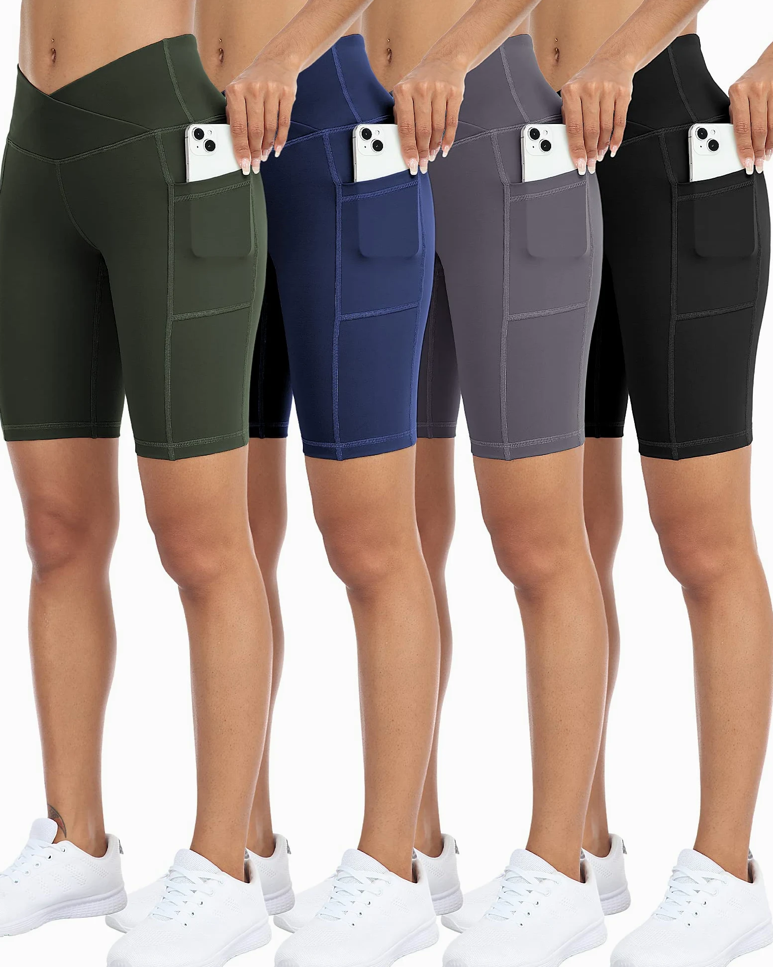 WHOUARE Paquete de 4 pantalones cortos de yoga o ciclista con bolsillos para mujer, cintura alta, atléticos, correr, entrenamiento, gimnasio, control de abdomen, S