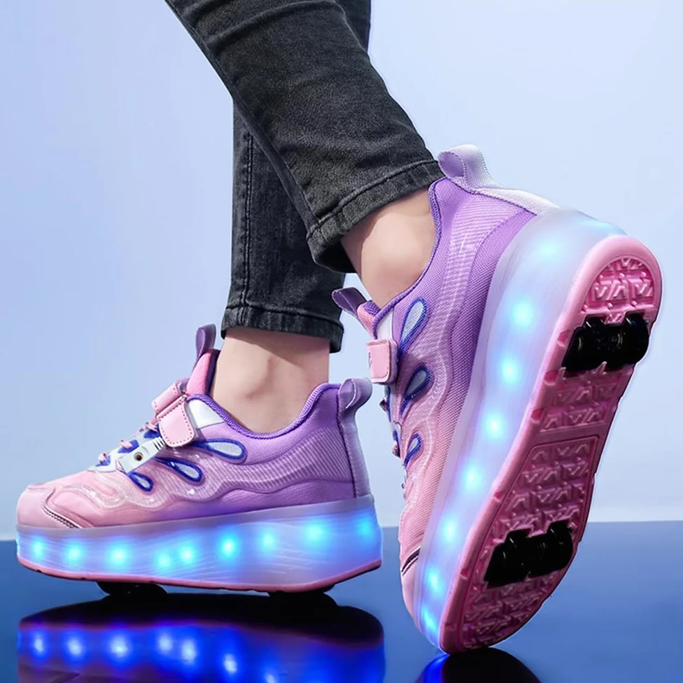 Hixingo Zapatillas con Ruedas Niña Niño, Zapatos con 4 Ruedas para Niñas con LED 2 en 1 Zapatillas Patines Zapatillas Ruedas Niño, Degradado de Color Calzado de Skateboarding Multifuncionales