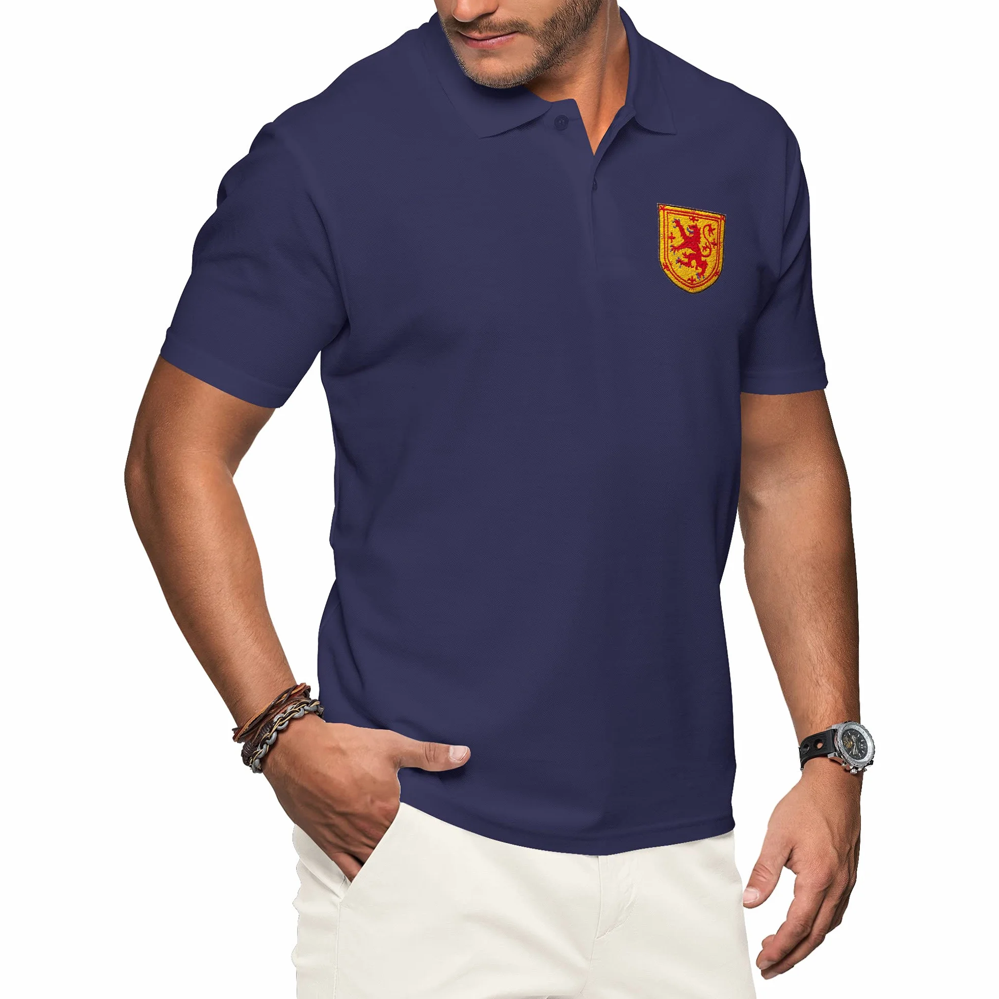 Purple Print House Polo de Escocia para hombre, camiseta de fútbol 2021, retro, para aficionados, rugby, algodón, escudo bordado, insignia del león real