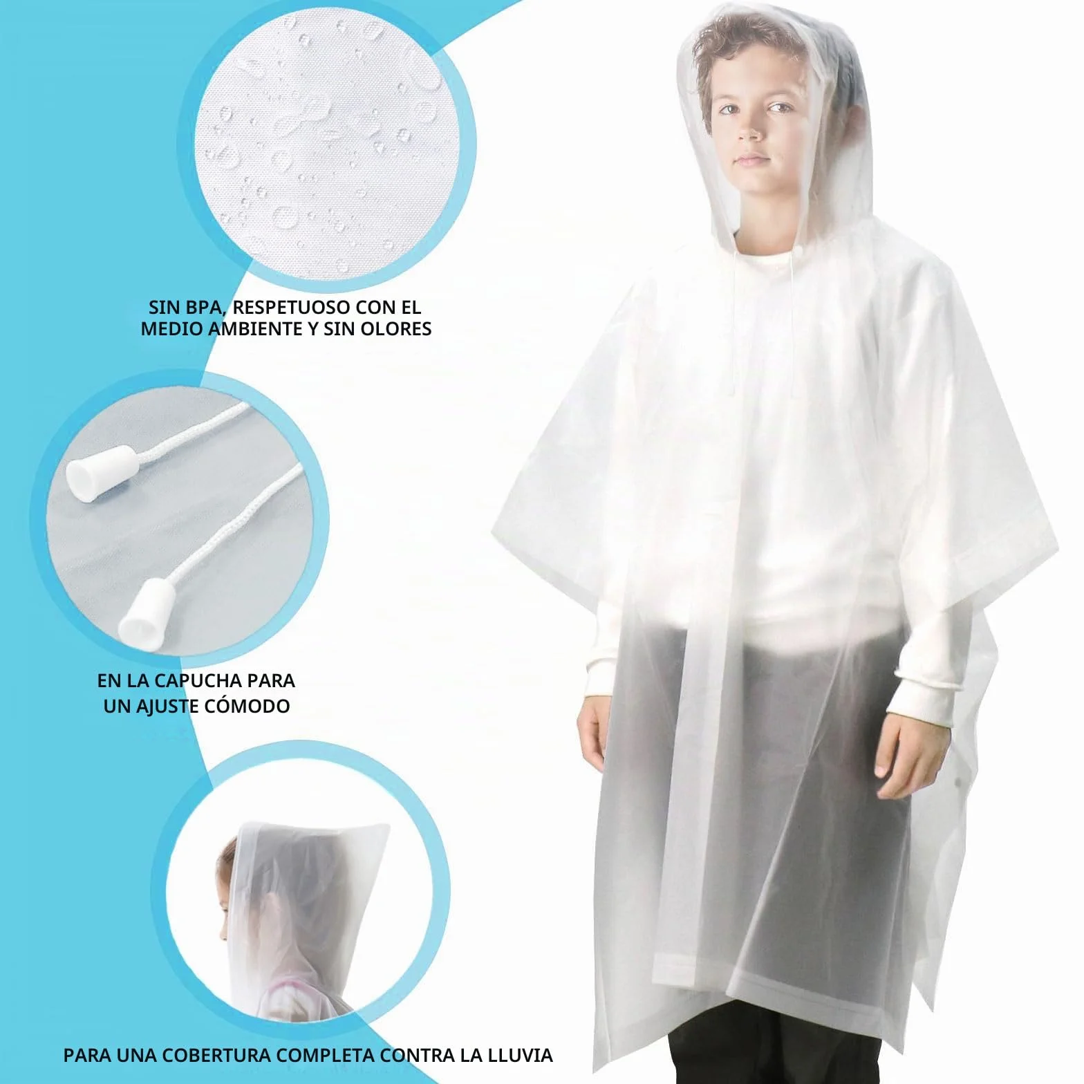 Poncho de lluvia impermeable para niños, reutilizable, transparente, con capucha