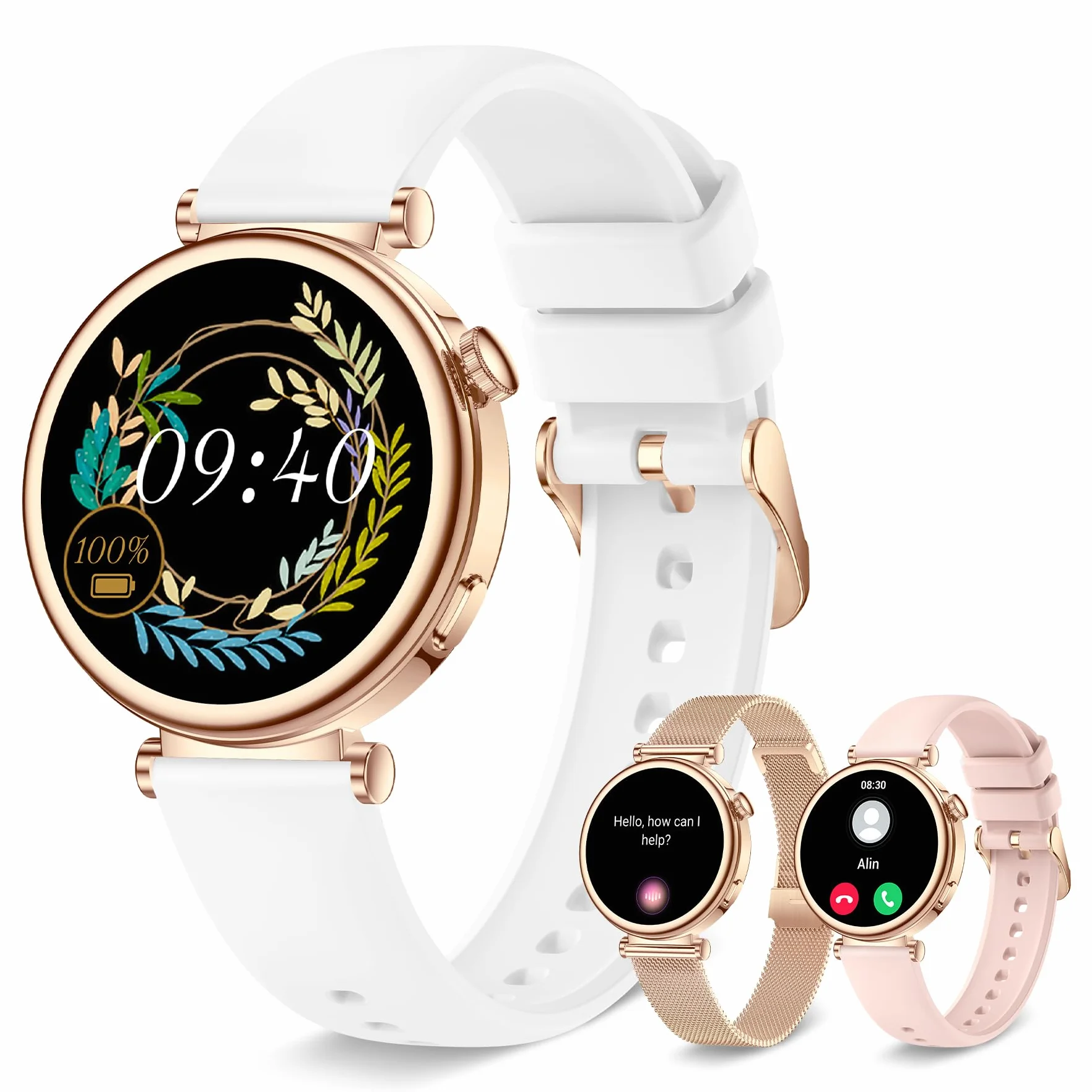 Reloj Inteligente Mujer Pequeño, Smartwatch Mujer Redondo 1.27" 41mm con Llamadas, 3 Correas, Pulsera Actividad con 100+ Modos Deportivos Pulsómetro Sueño Cuenta Pasos para Android & iPhone, Rosa Oro