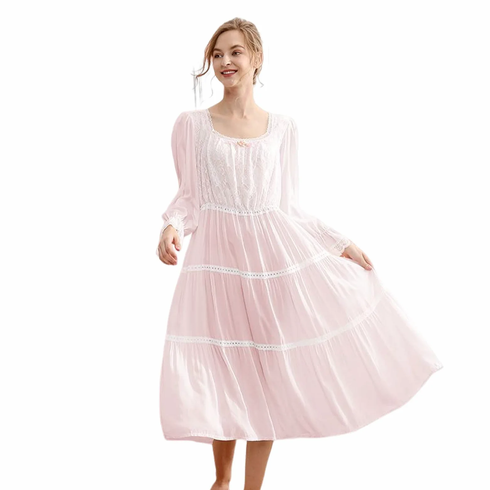 OFFSUM Camisón De Pijama De Mujer - Algodón Color Sólido Camisón Primavera Verano Casual Vestido Elegante Vintage Princesa Ropa De Dormir Lencería Bata