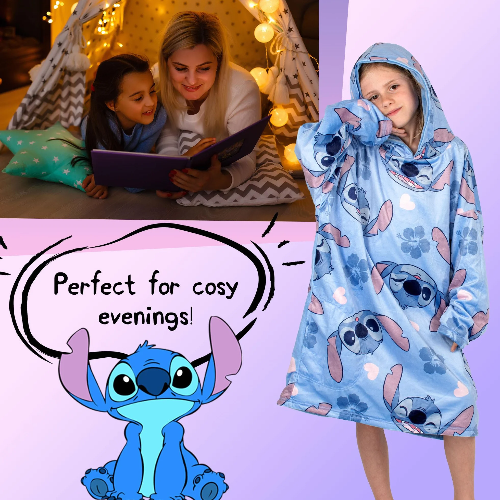 Disney Stitch - Manta reversible con capucha de gran tamaño para niños, súper suave, de doble cara, forro polar, regalo para niñas, talla única, color azul