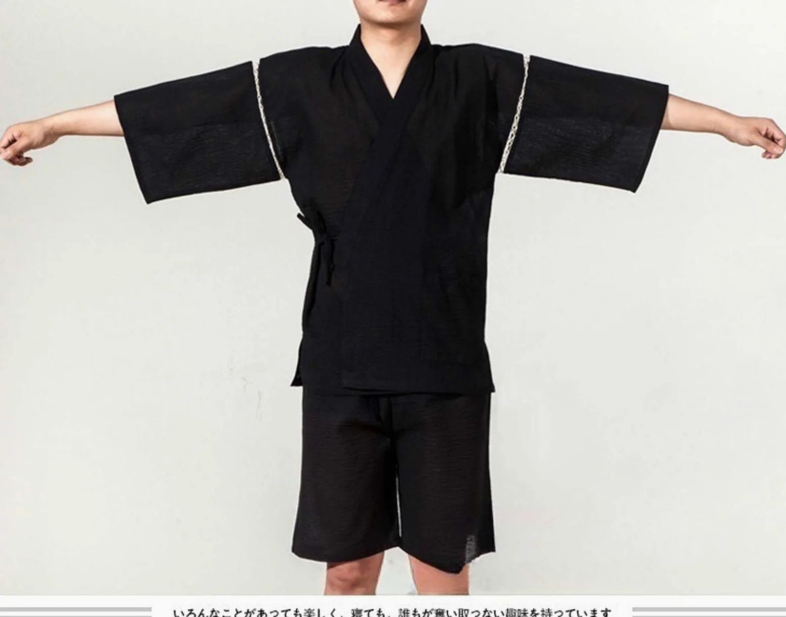 ZEALMAX Conjunto de kimono japonés para hombre, camisa y pantalones cortos, algodón y lino, bata de baño, color negro