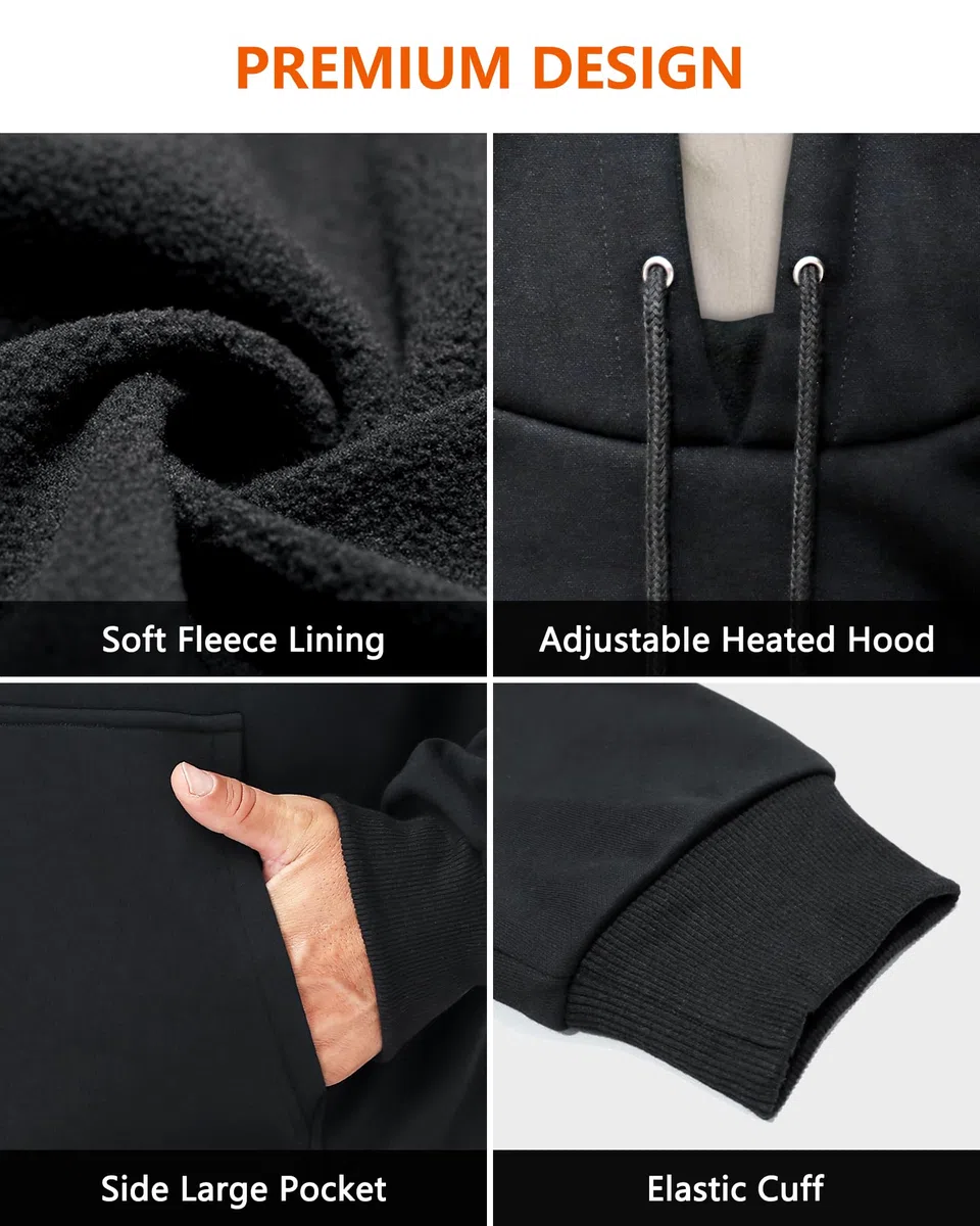 Loowoko Sudadera con capucha calefactable unisex con power bank 10.000 mAh – 3 niveles de temperatura + 6 zonas de calor – Lavable – Para trabajo exterior, moto, paseos