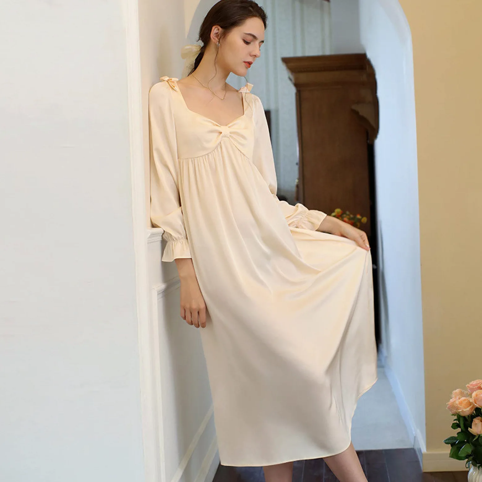 OFFSUM Camisón De Pijama De Mujer - Camisón De Seda Elegante con Cuello En V para Primavera Y Otoño Camisón Vintage De Princesa con Lazo Dulce Ropa De Salón De Talla Grande