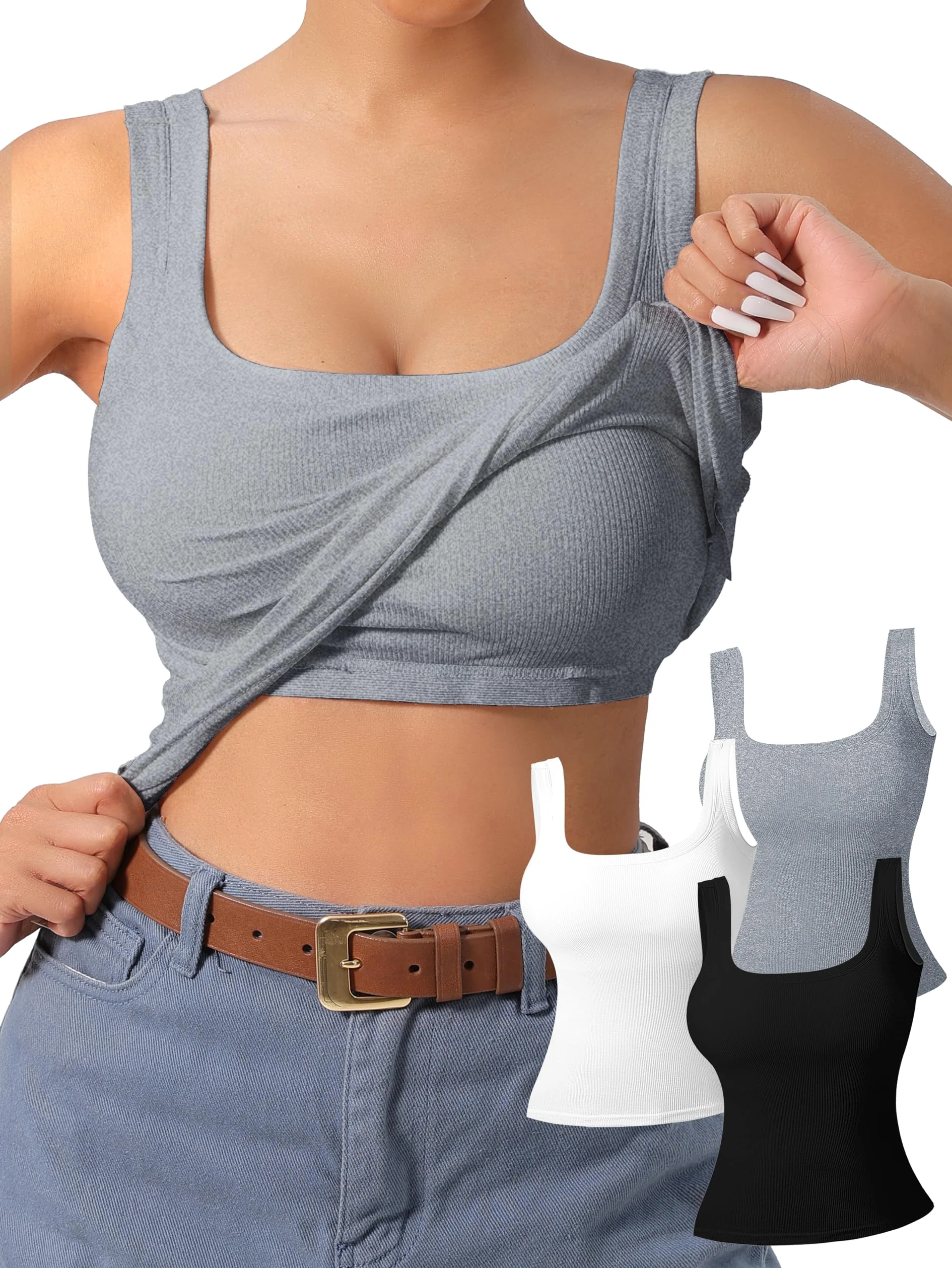 Camiseta sin mangas con espalda en U para mujer, paquete de 3, brasier integrado, almohadillas extraíbles para gimnasio, yoga y exteriores, comodidad duradera