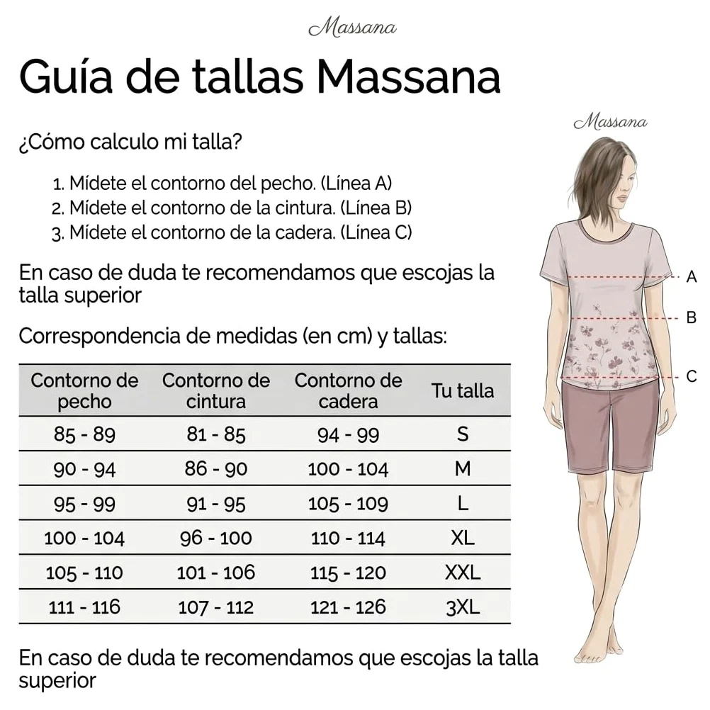 MASSANA Pijama de Mujer P261220, Manga Corta y Pantalón Pirata, Estampado Corazones y Flores, Algodón, Verano