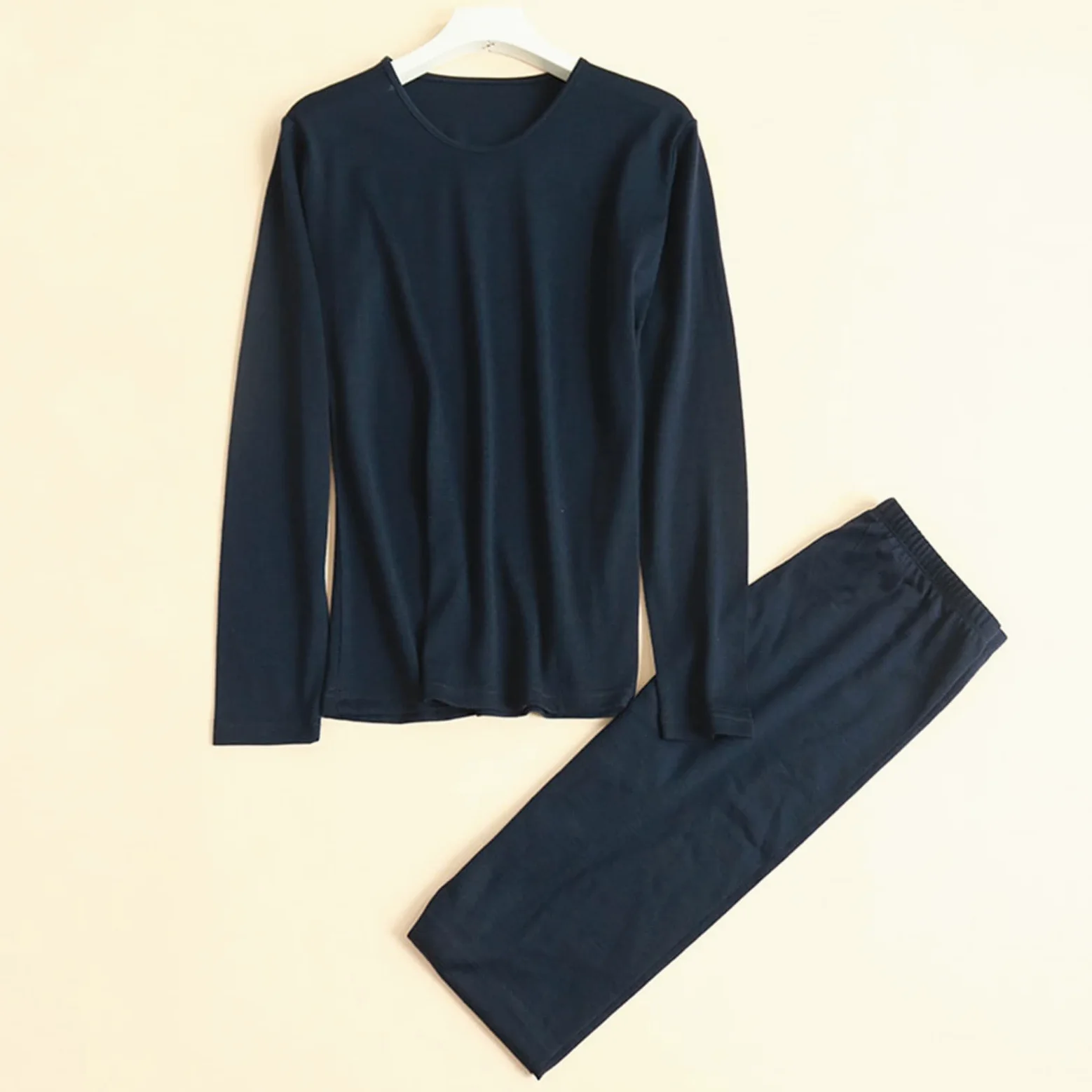 Mujer 100% Pura Lana Conjunto De Ropa Interior Térmica Caliente De Manga Larga Cuello Redondo Suave Conjunto Térmico para Arriba Y Abajo (Color : Navy, Size : XXL/XX-Large)