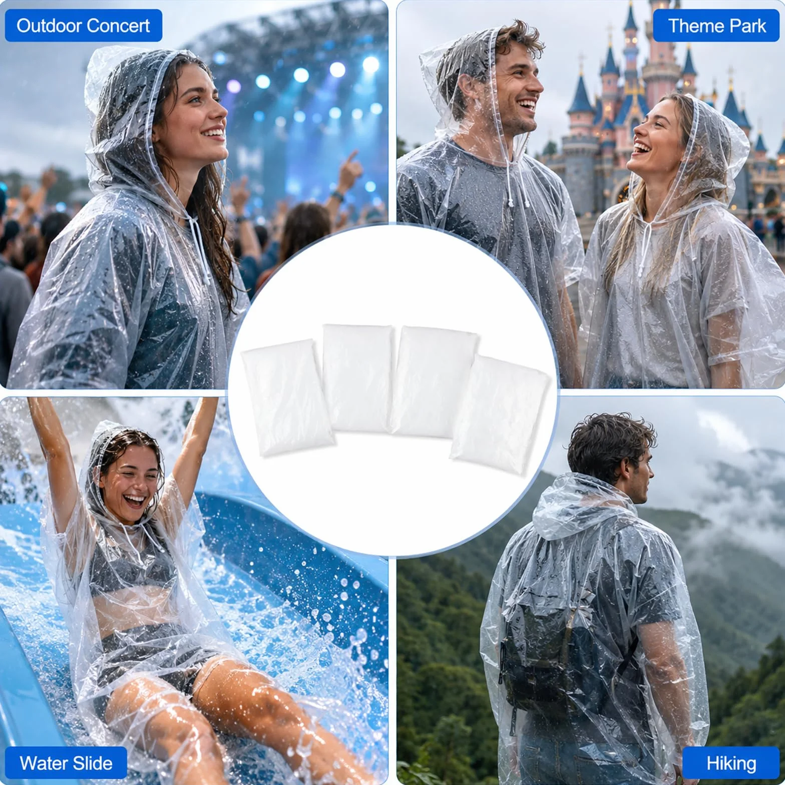 Lote de 4 Ponchos de Lluvia Desechables para Adultos, Capa Transparente Impermeable con Capucha y Mangas Sueltas, Protección Ligera para Senderismo Camping Parque de Atracciones