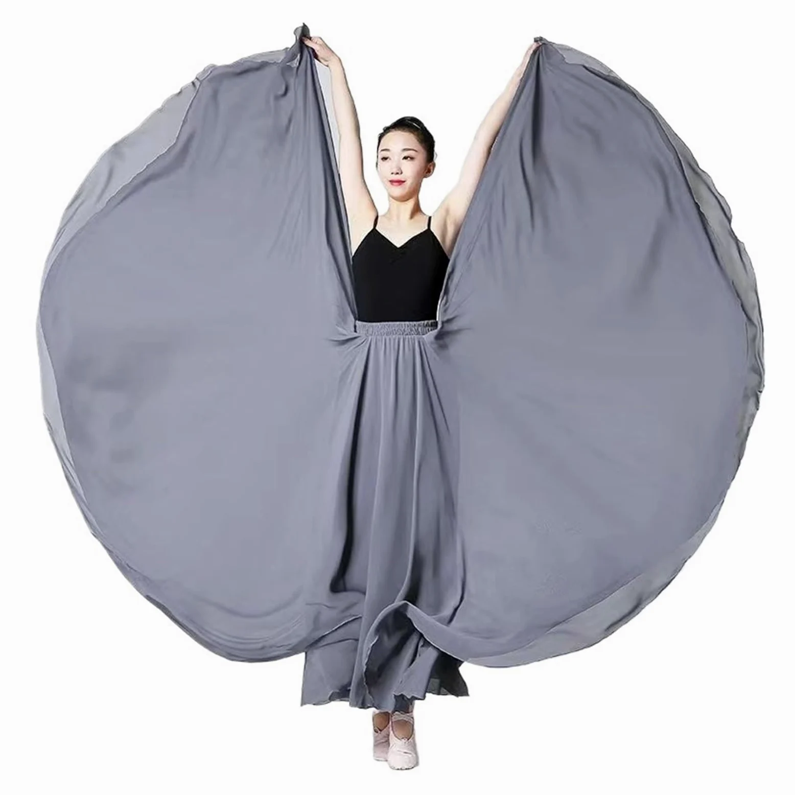 Swing Dancing Skirt Falda de Gasa de 720 Grados for Mujer, Faldas largas de 2 Capas, Ropa Elegante de actuación, Falda de Gasa, Ropa de práctica de Ballet con Vuelo Grande(Grey,L Length 95cm)