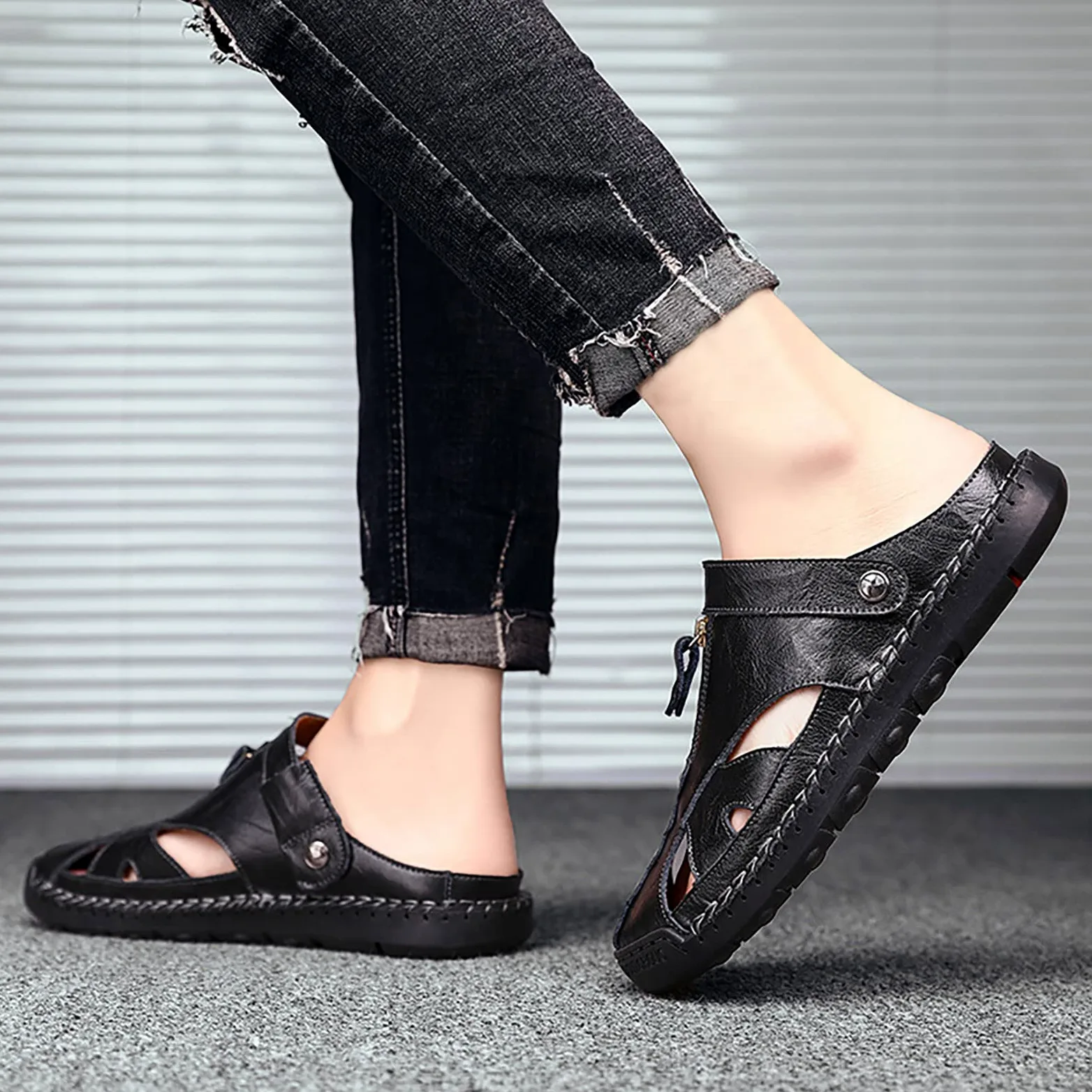 Sandalias Hombre Suela de Goma Cuero con Bandas Ajustables Talla Grande Chanclas Casual Deportivas Transpirable Zapatillas Soporte de Arco Punta Reforzada para Playa Verano Piscina