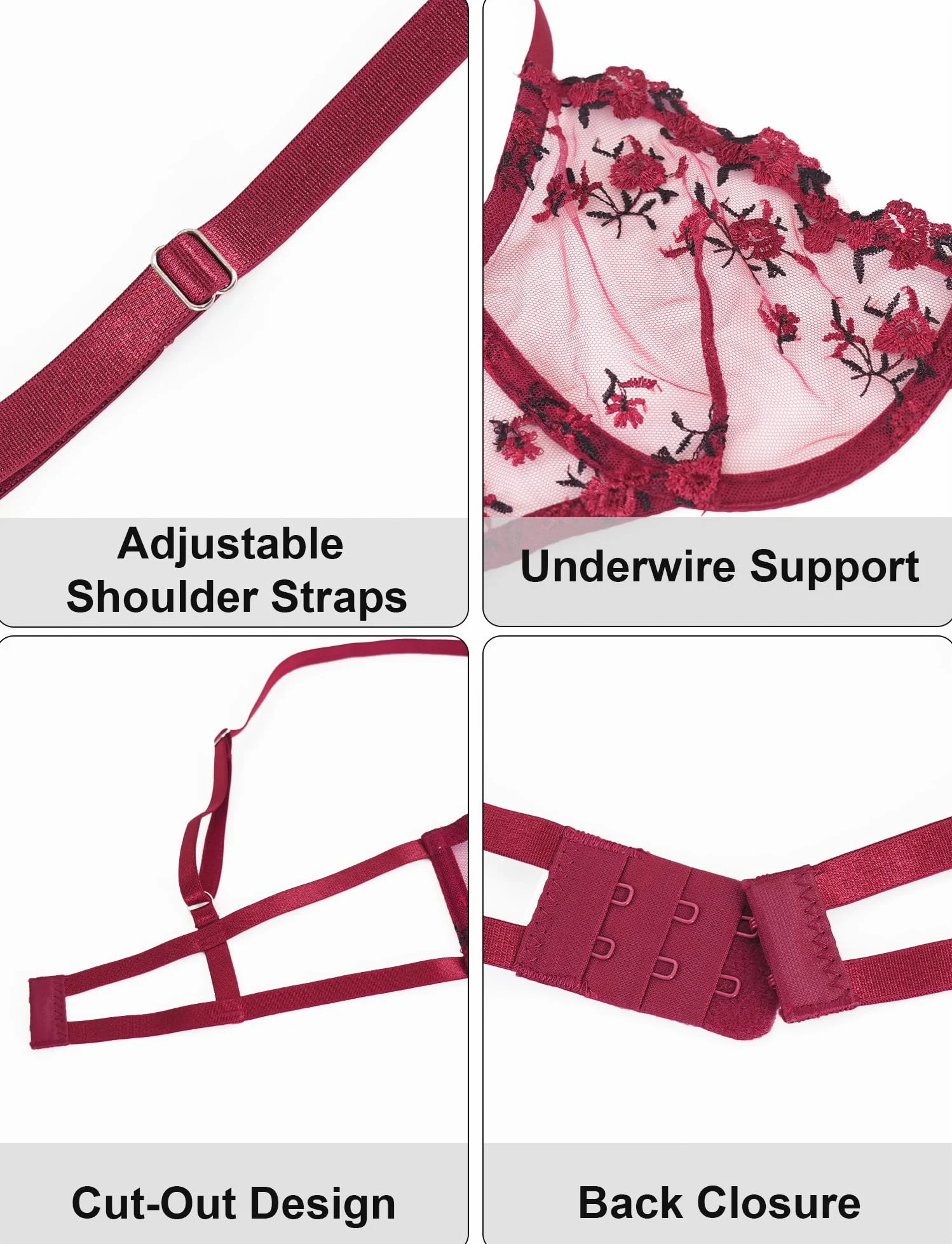 FEOYA Lencería sexy para mujer, conjunto de brasier y bragas de encaje a juego, malla bordada, bralette push up, tanga, ropa interior de dos piezas