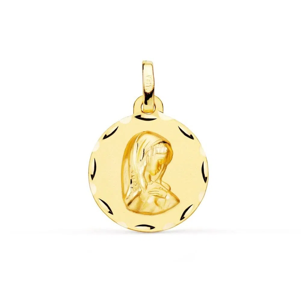 Virgen Niña medalla oro 18k Primera Comunión colgante 18mm. detalles tallados borde - Personalizable - GRABACIÓN INCLUIDA EN EL PRECIO