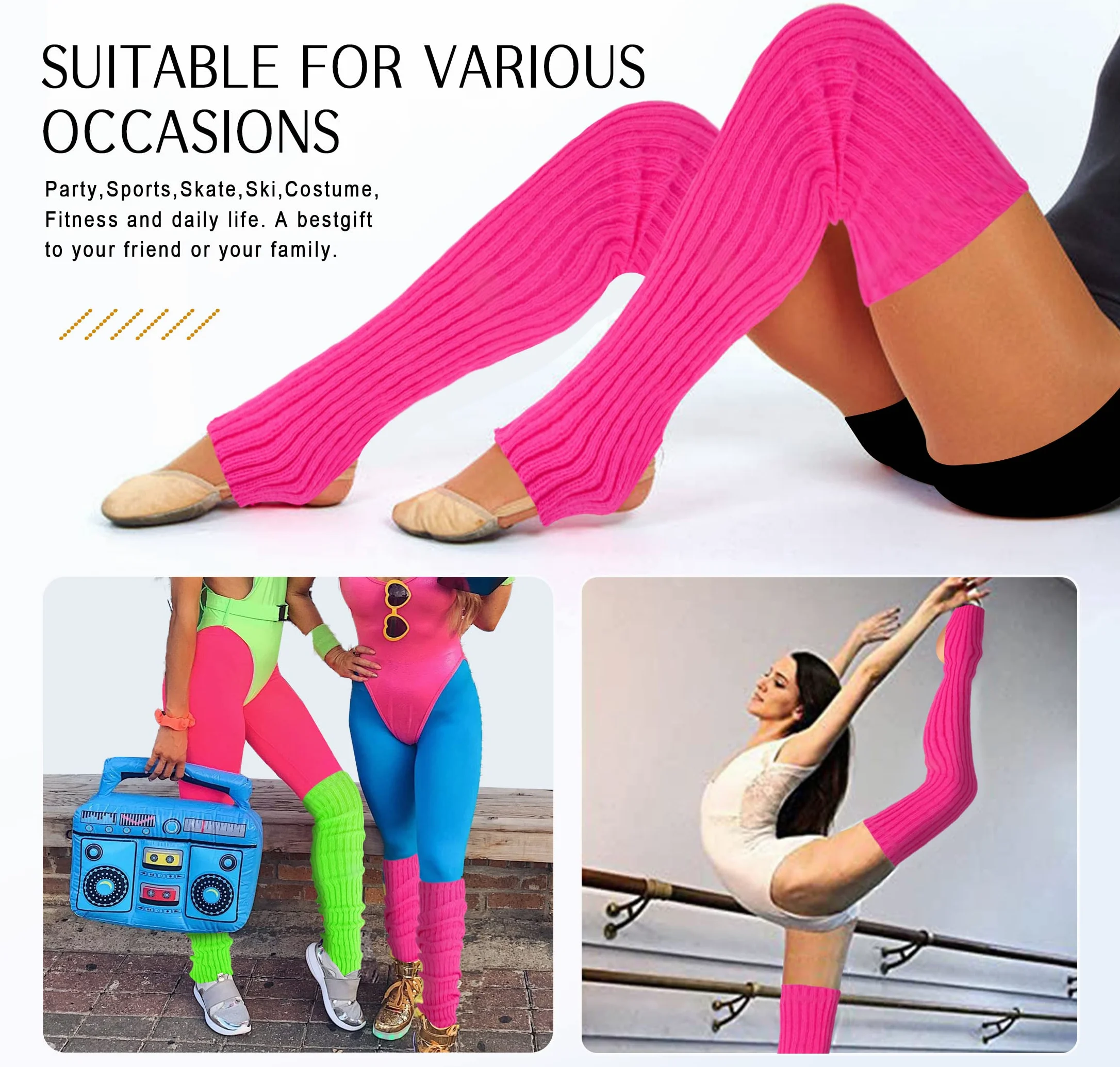 Calentadores de piernas largos de punto con estribo para mujer, por encima de la rodilla, acanalados, de neón para fiestas, bailes, deportes