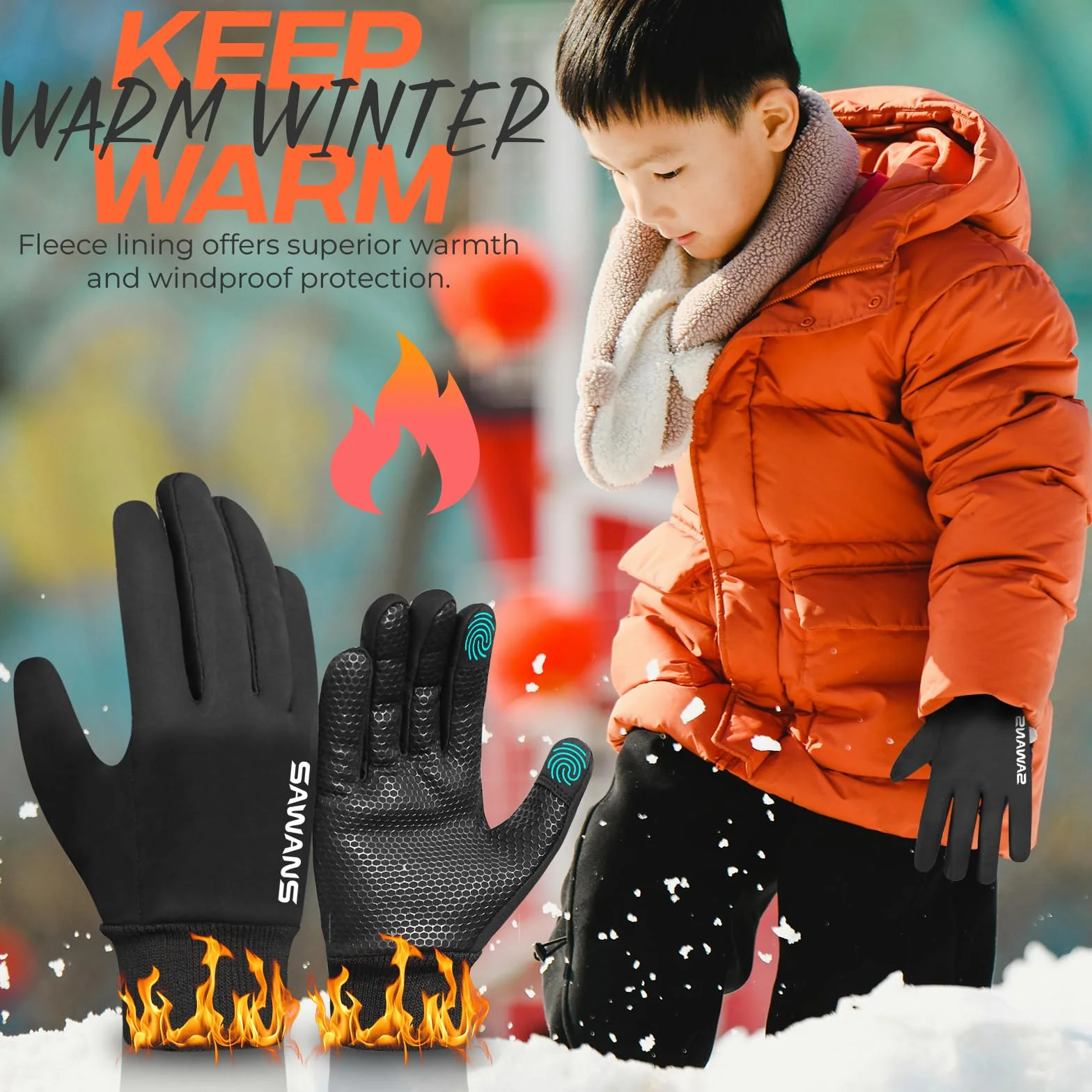 SAWANS Guantes de ciclismo de invierno para niños, para correr, con pantalla táctil, antideslizantes, térmicos, cálidos, para exteriores, ciclismo, fútbol, rugby, ciclismo de montaña, senderismo y