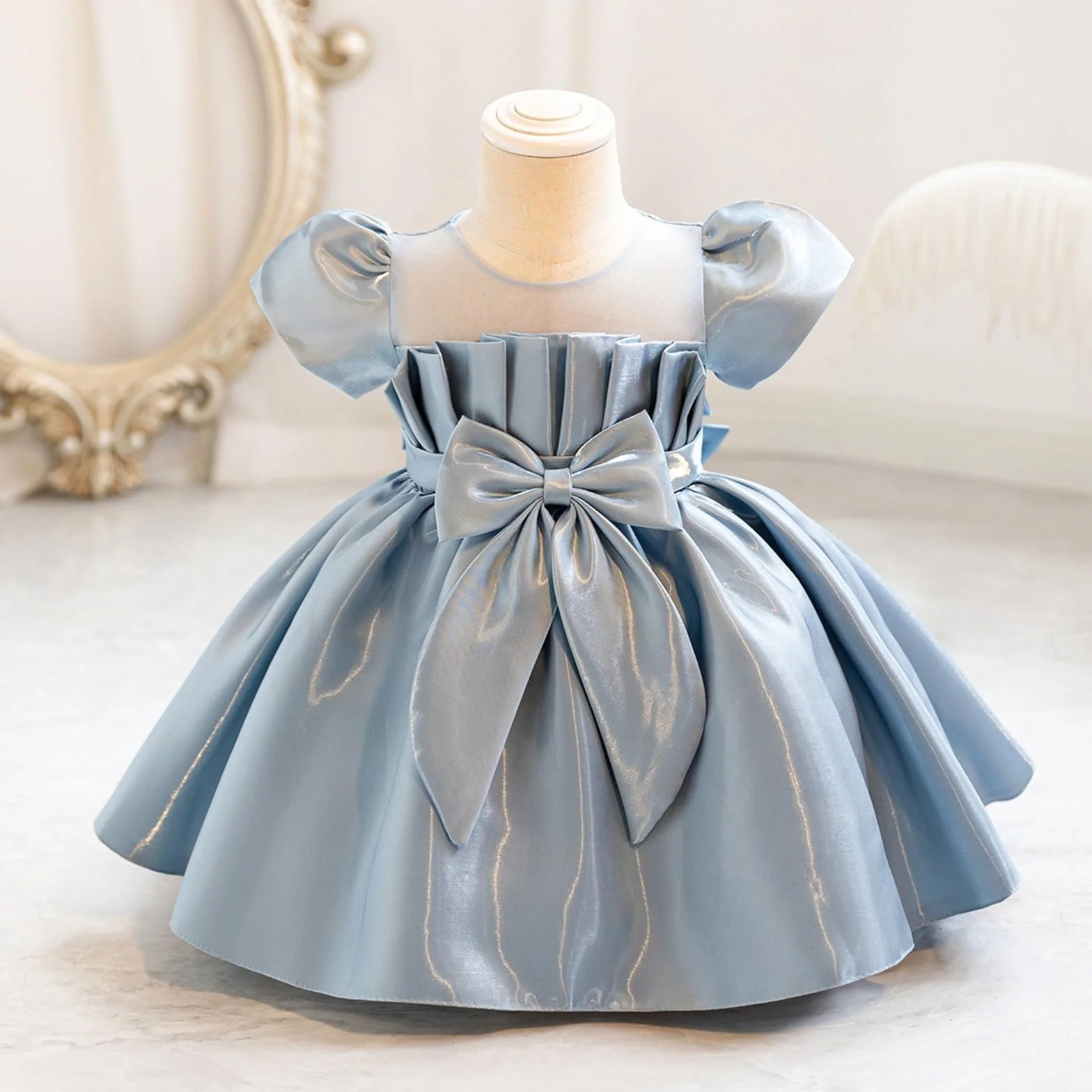 Vestido de fiesta niña princesa lazo manga abombada brillante tul elegante bautizo boda cumpleaños comunión baile