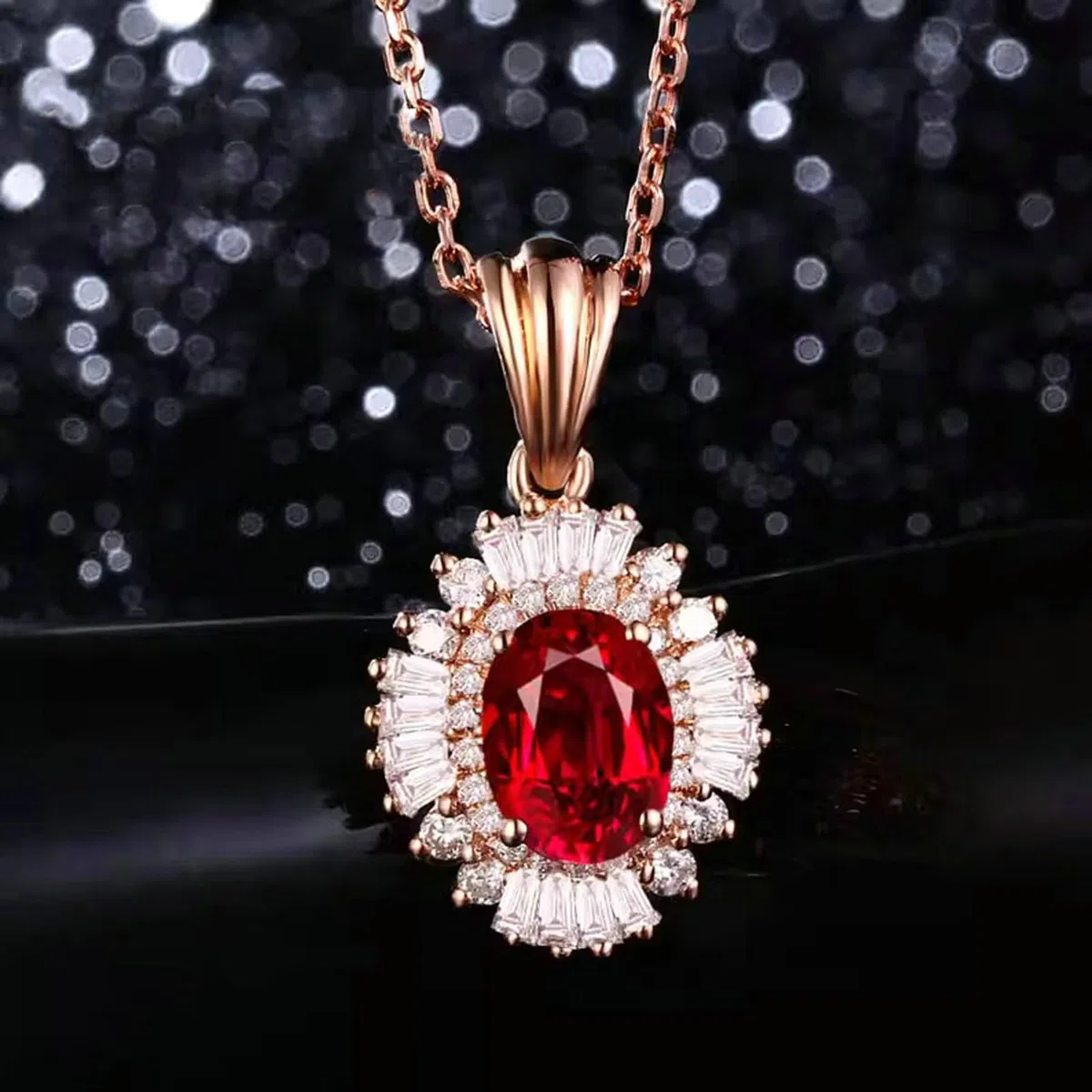 Collar con colgante para mujer de oro rosa 750 585 375, colgante de lujo flor con rubí de 1 ct y diamante de 0,33 ct oro rosa cadena mujer 45 cm sin níquel