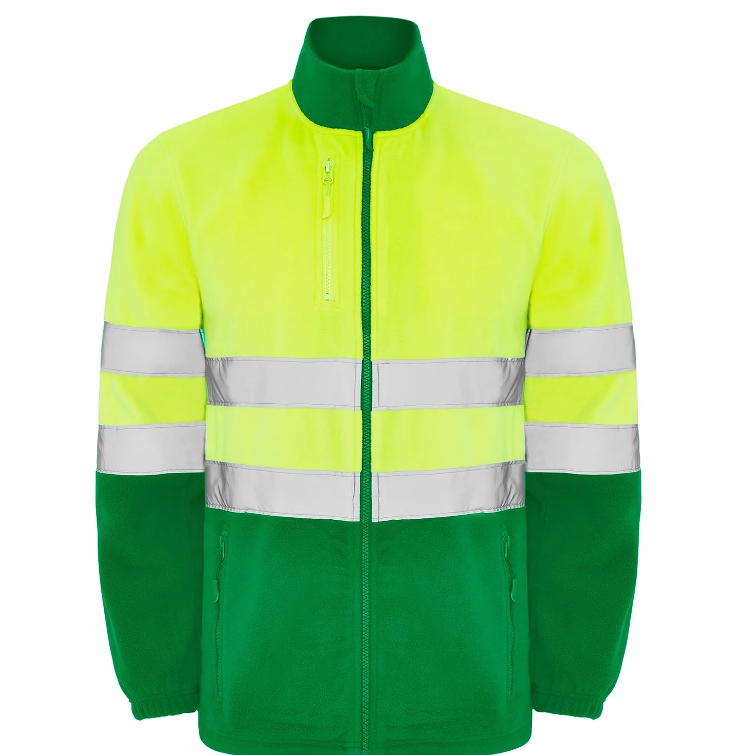 Chaqueta polar alta visibilidad adulto con cintas reflectantes, cremallera completa, bolsillos frontales y pecho, 100% poliéster