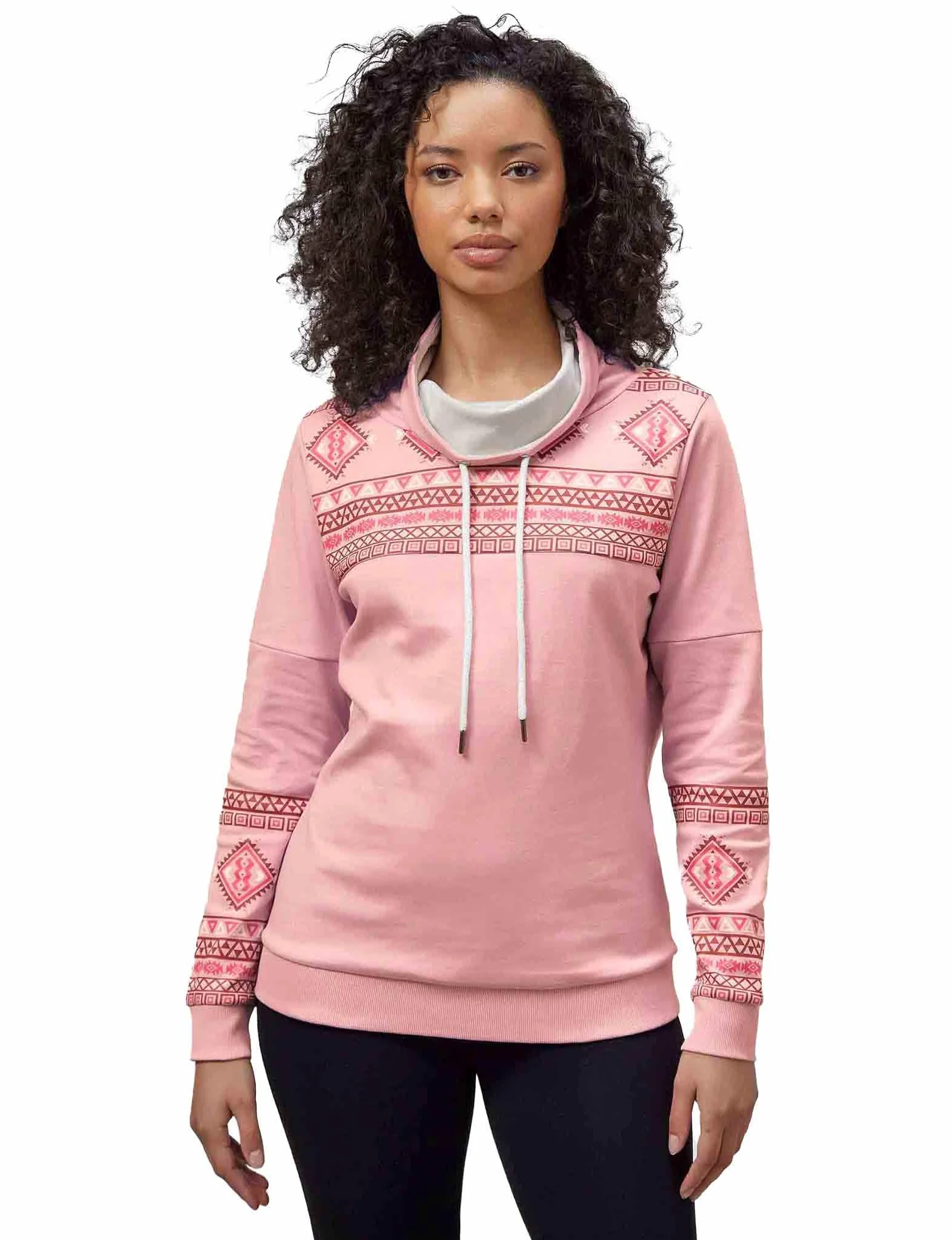 Sudadera de cuello alto con estampado geográfico para mujer, manga larga, diseño geométrico, hilo de fibra suave, ajuste delgado, con cordón de ojal y tapón