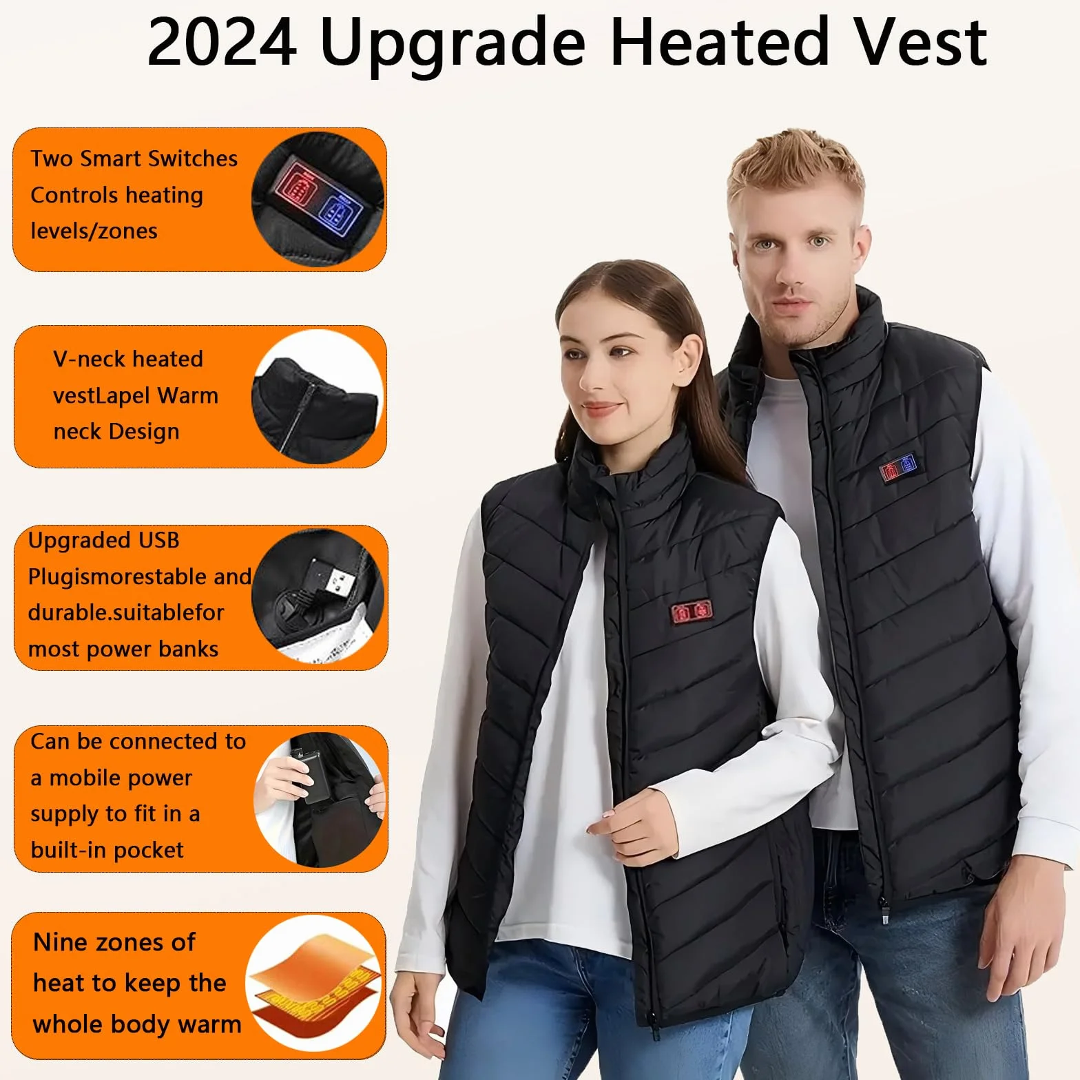 SNZ Chaleco Calefactable Con Batería USB Chaqueta Calefactable Invierno Cálido Mujer Hombre Senderismo Caza Moto Camping Snowboard