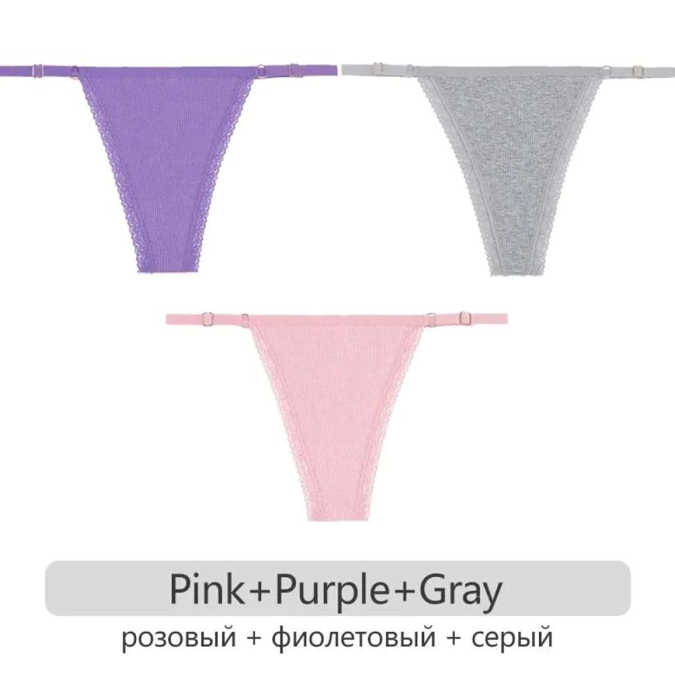 Cinturones Tirantes Tangas de Mujer 3 Piezas/Set Ropa Interior de Mujer con Encaje de Empalme Cinturón Ajustable Bragas de algodón con Espalda en T Bikini Ropa Interior transpirabl