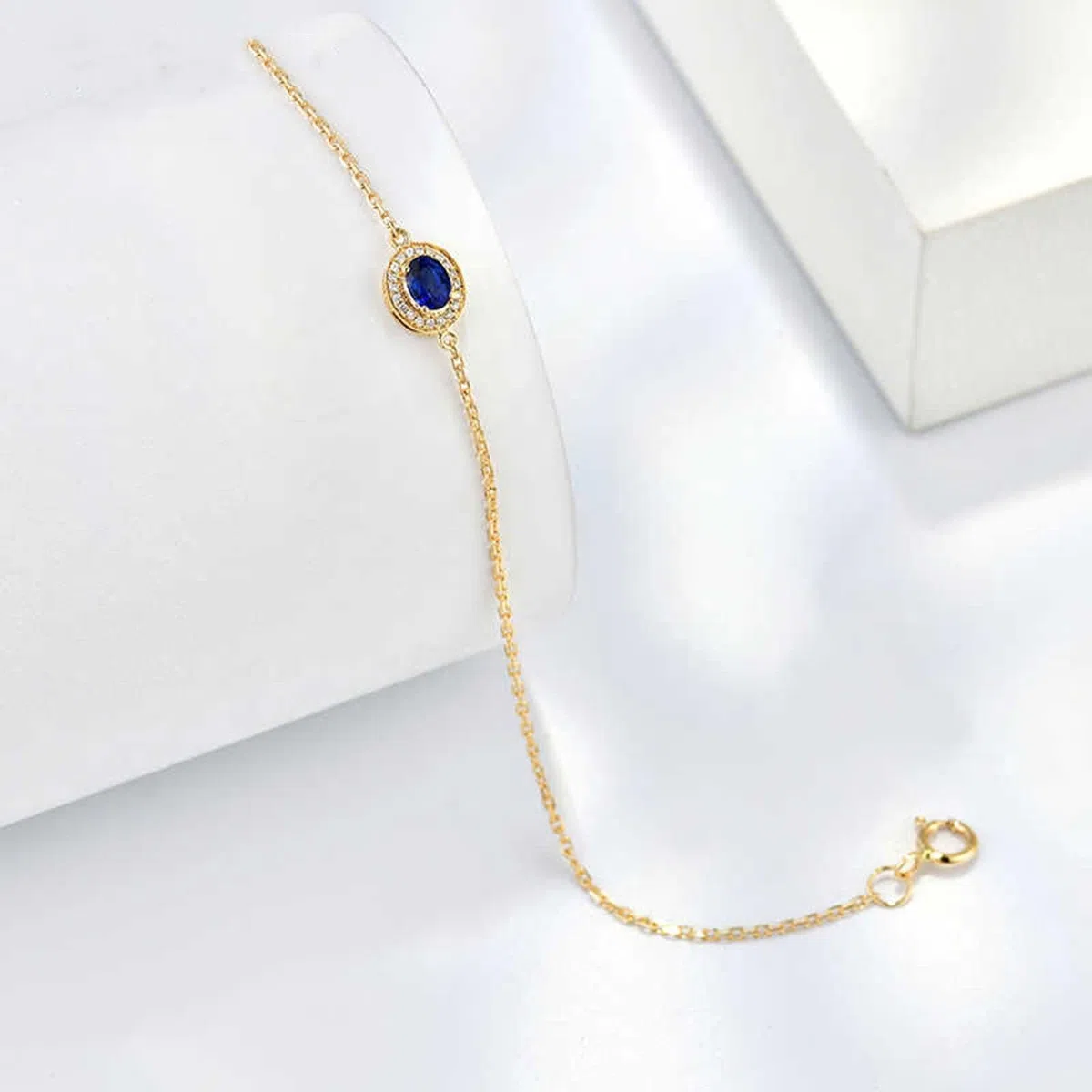 Pulseras Mujer de Oro Amarillo 9K / 14K / 18K, Oval con Zafiro y Diamante, Cadena Extensible 16 CM + 5 CM, Pulsera de Oro Azul Mujer